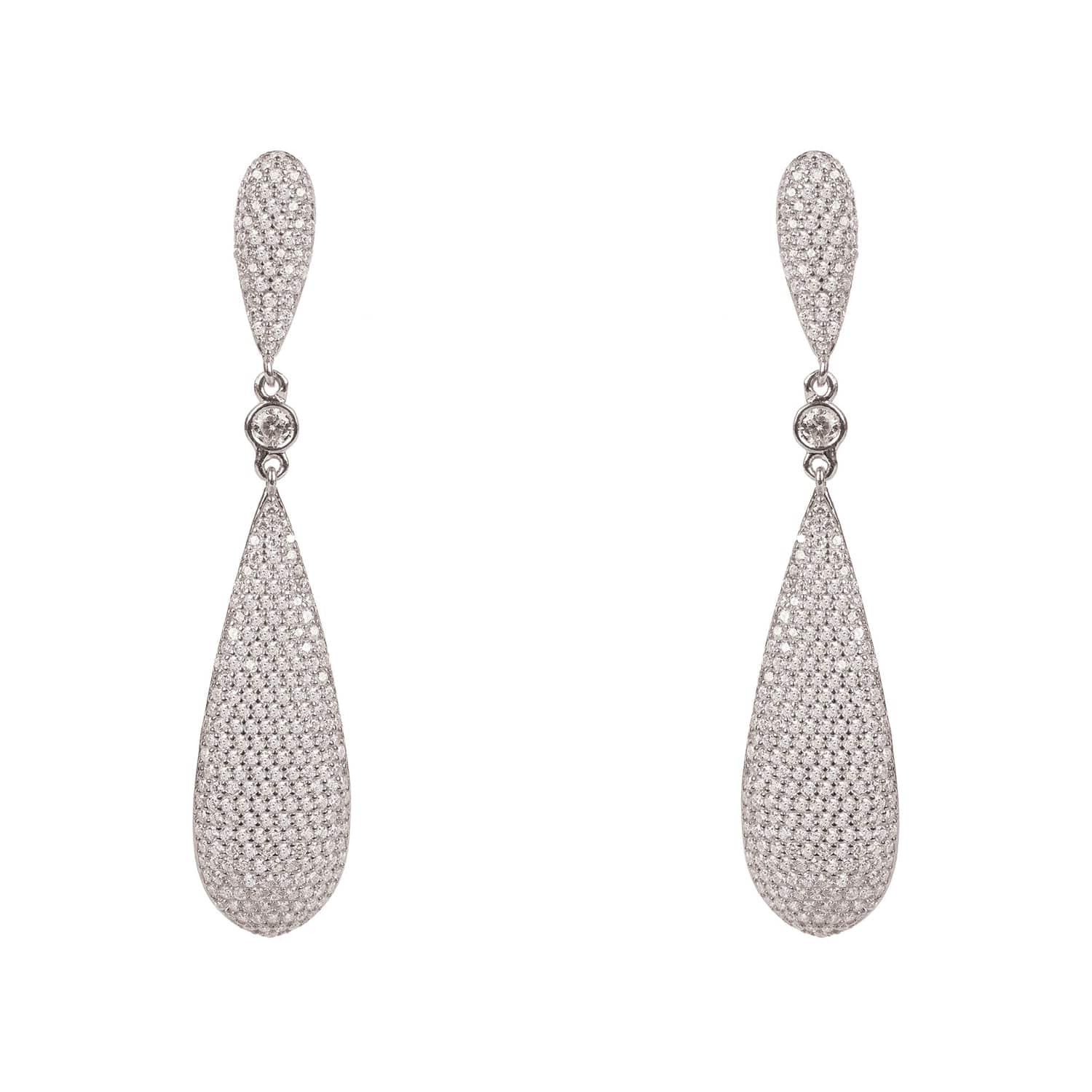 Latelita Long Drop Earrings in Silver with sparkling white zirconia stones, elegantly designed for special occasions.