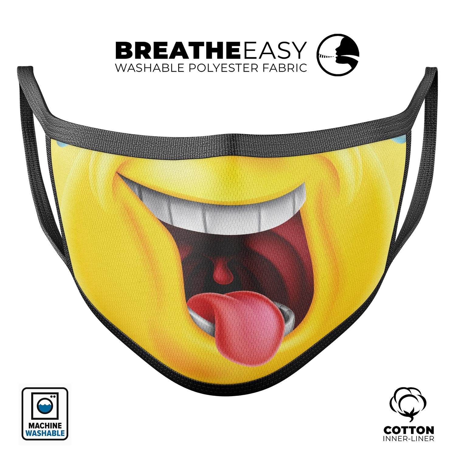 Laughing Emoji V1 mouth cover made of cotton, featuring a vibrant laughing emoji design, adjustable ear loops for a perfect fit.