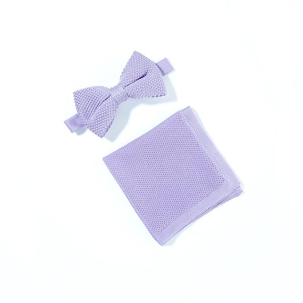 Lavender knitted bow tie and matching pocket square set displayed elegantly on a white background.