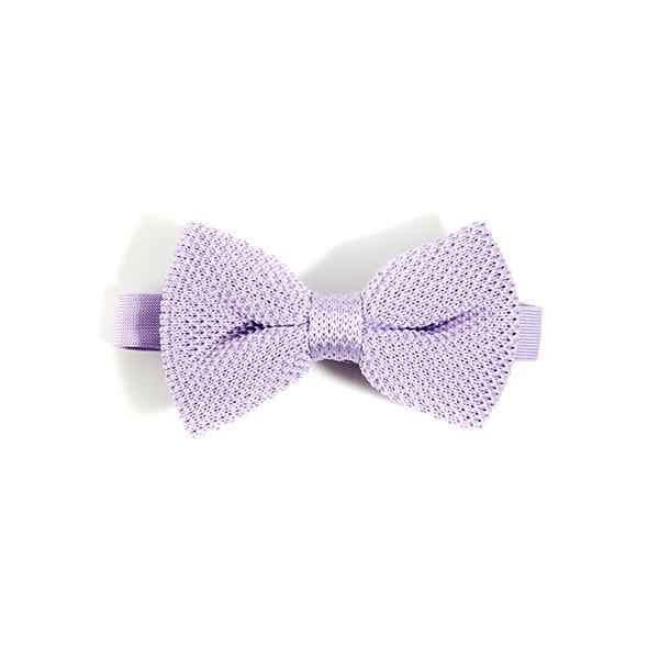 Lavender knitted bow tie displayed on a white background, showcasing its texture and color.