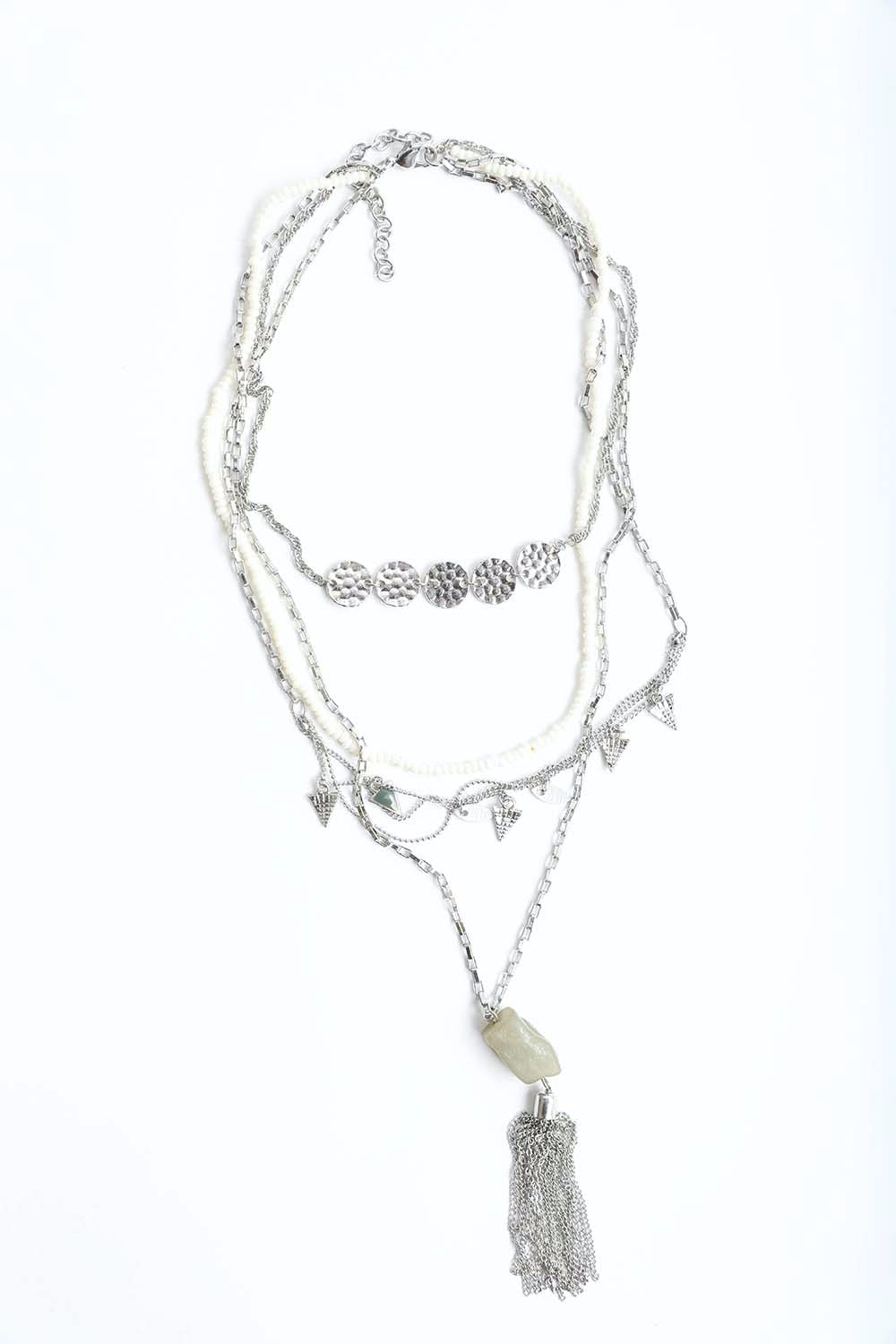 Layered Chain Jade Necklace featuring multiple chains and natural jade stones in various colors, elegantly displayed.