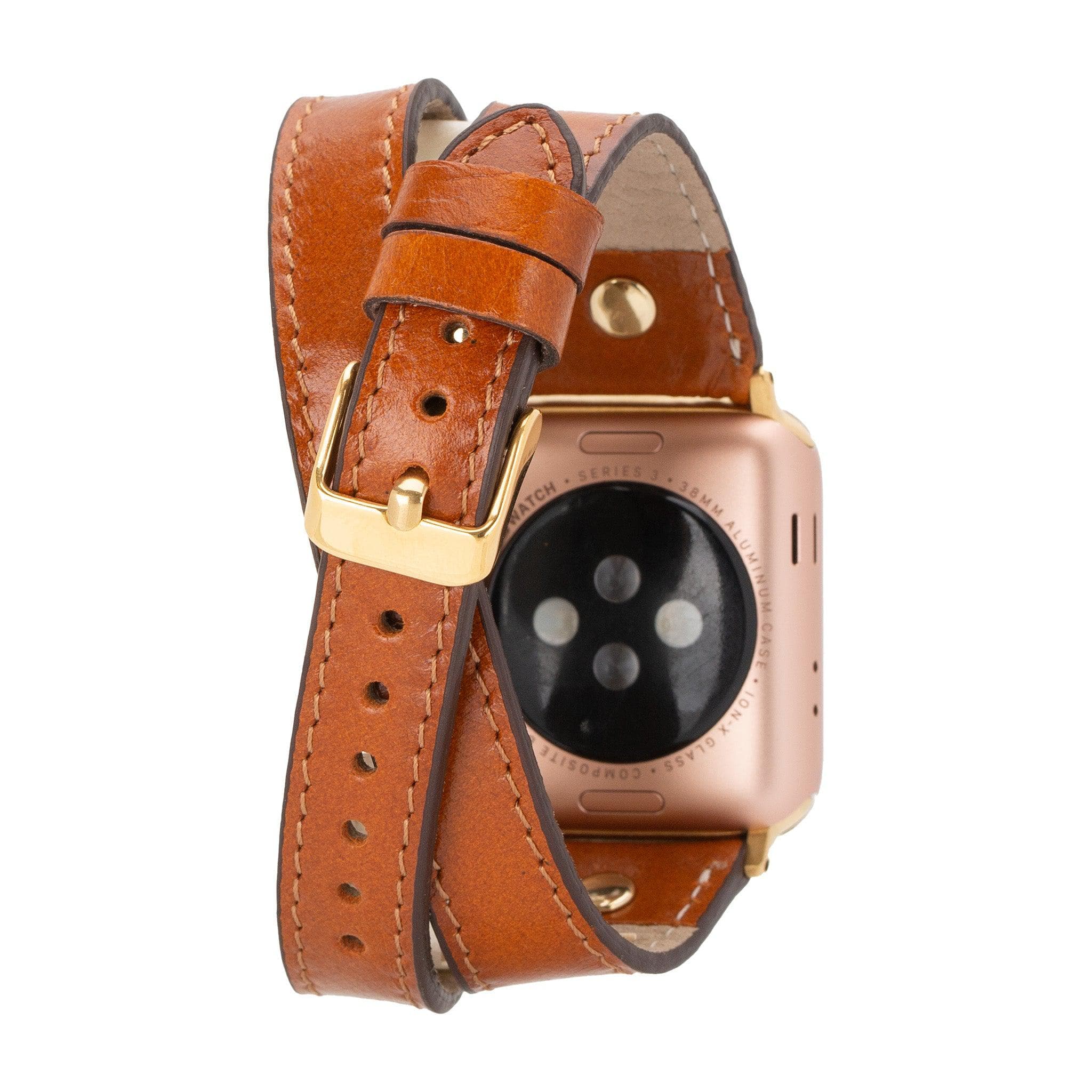 Leeds Double Tour Slim Apple Watch leather strap with gold bead detail, showcasing premium full-grain leather and stainless steel buckle.