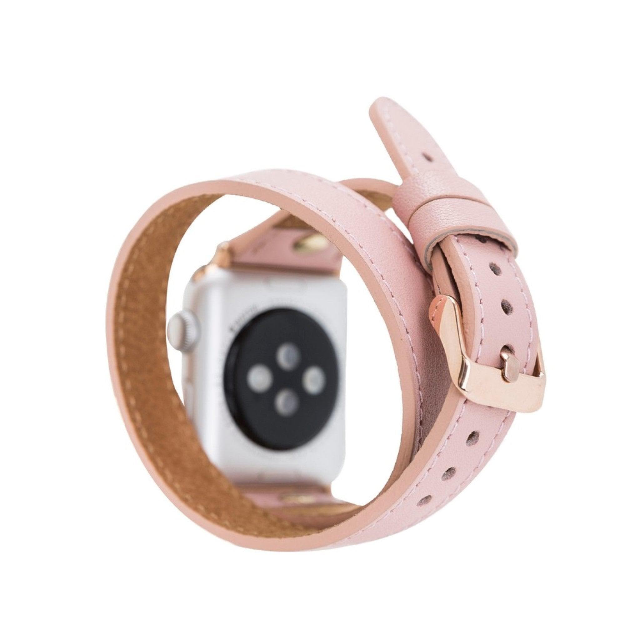 Leeds Double Tour Slim Apple Watch leather strap with gold bead detail, showcasing premium full-grain leather and stainless steel buckle.