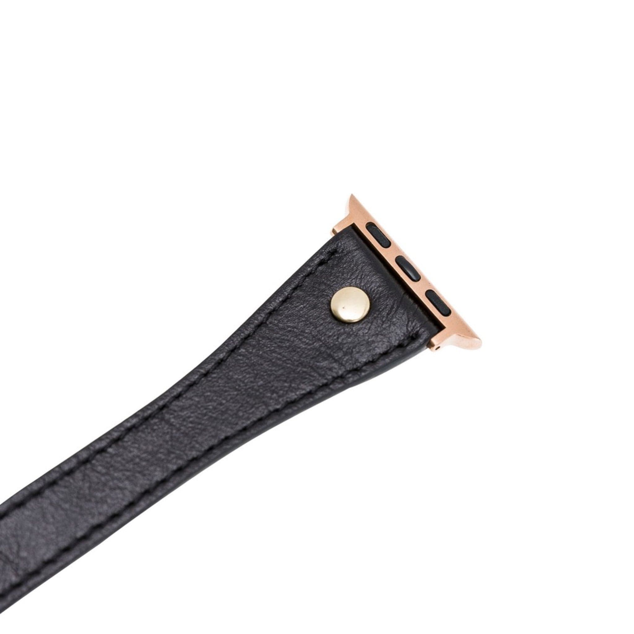 Leeds Double Tour Slim Apple Watch leather strap with gold bead detail, showcasing premium full-grain leather and stainless steel buckle.