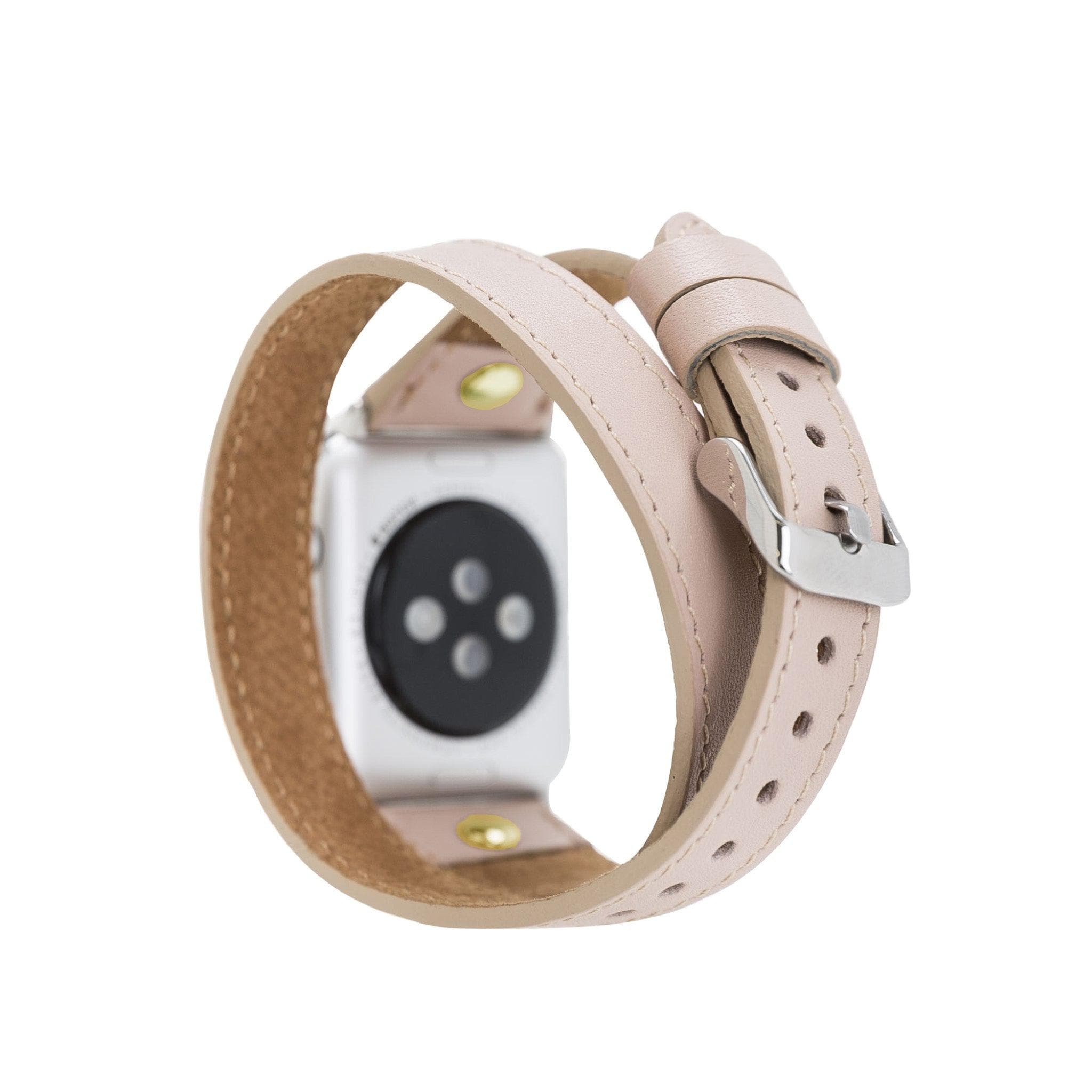 Leeds Double Tour Slim Apple Watch leather strap with gold bead detail, showcasing premium full-grain leather and stainless steel buckle.