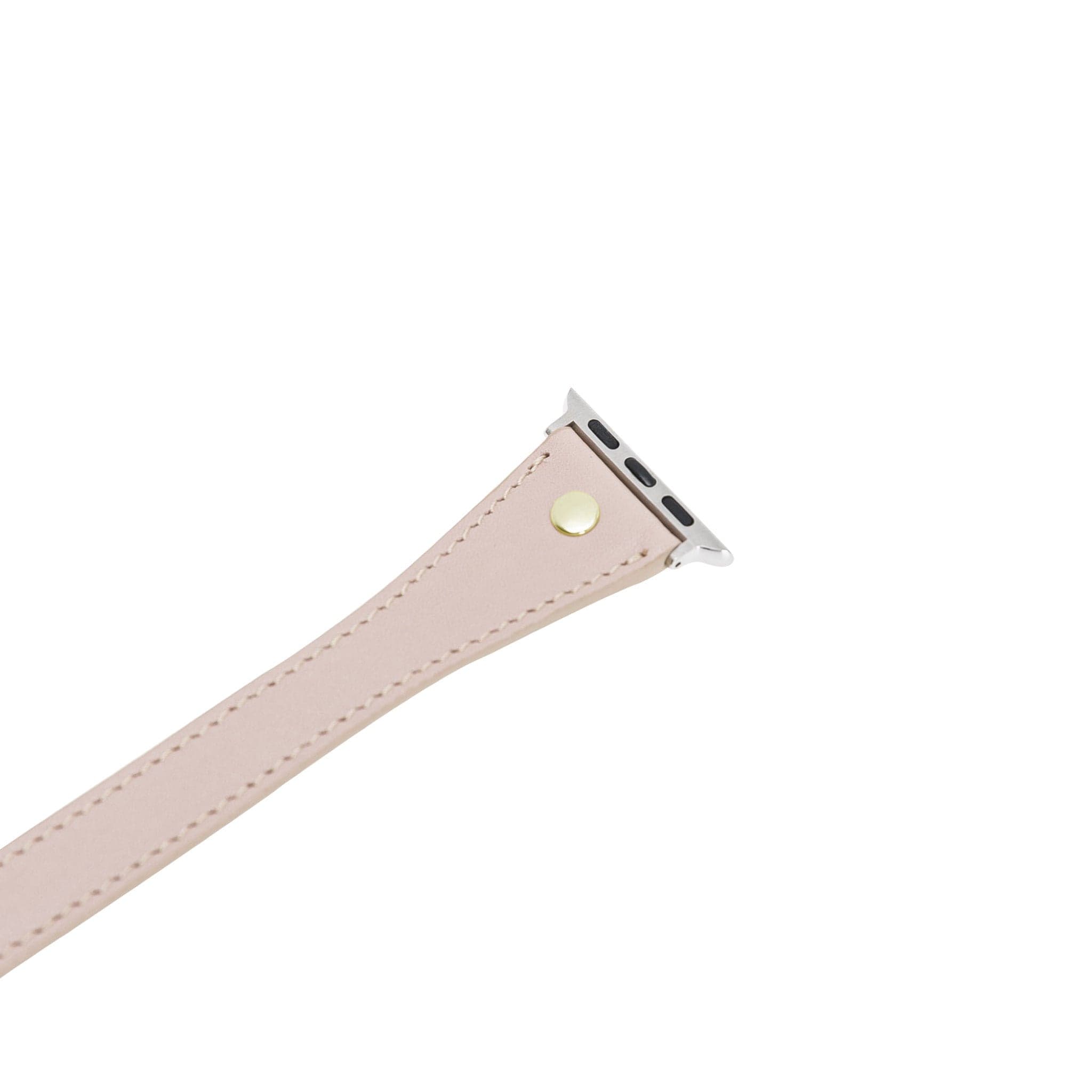 Leeds Double Tour Slim Apple Watch leather strap with gold bead detail, showcasing premium full-grain leather and stainless steel buckle.