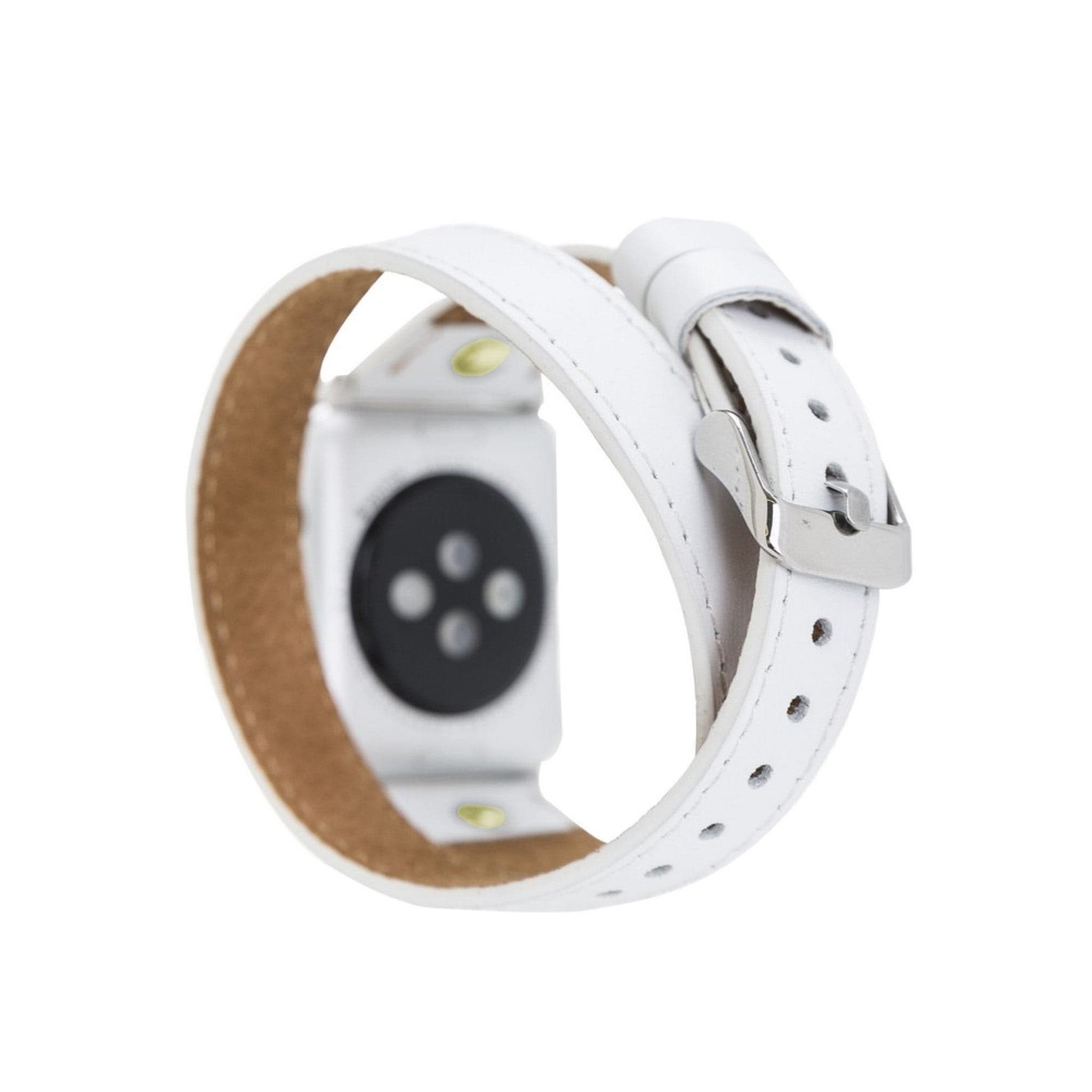 Leeds Double Tour Slim Apple Watch leather strap with gold bead detail, showcasing premium full-grain leather and stainless steel buckle.