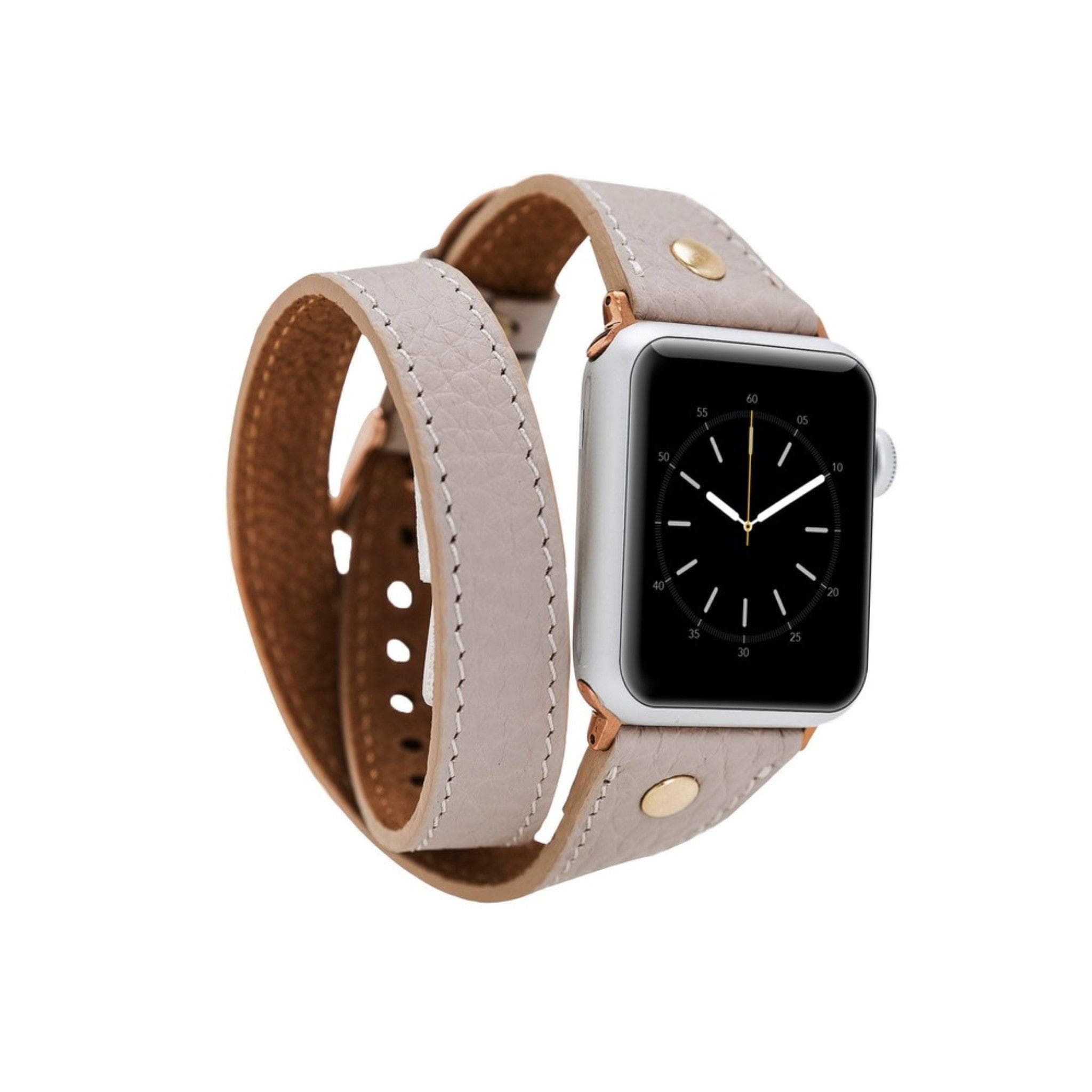 Leeds Double Tour Slim Apple Watch leather strap with gold bead detail, showcasing premium full-grain leather and stainless steel buckle.