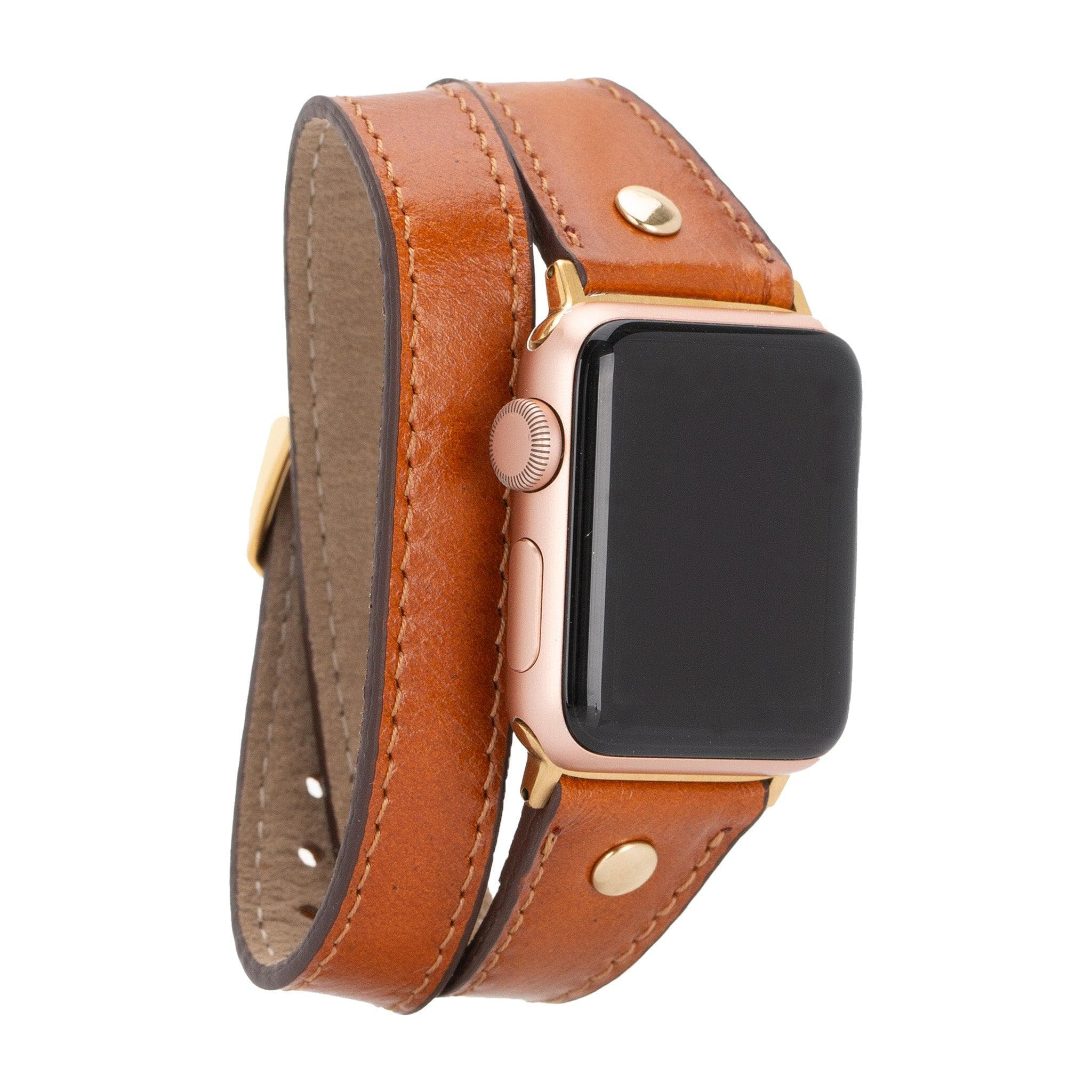 Leeds Double Tour Slim Apple Watch leather strap with gold bead detail, showcasing premium full-grain leather and stainless steel buckle.