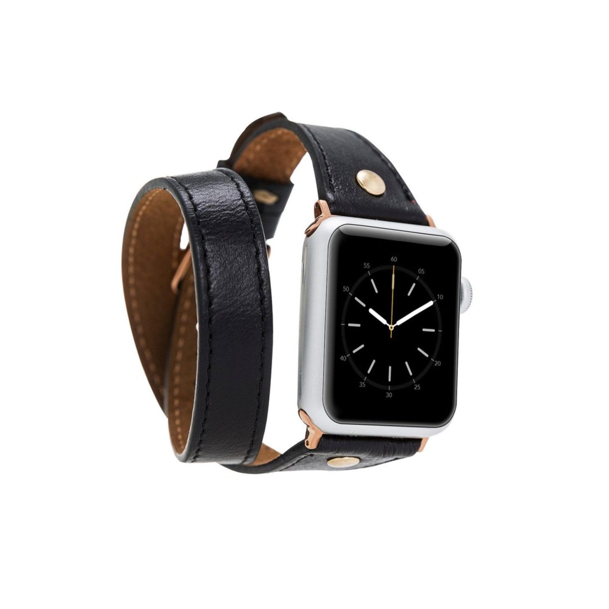 Leeds Double Tour Slim Apple Watch leather strap with gold bead detail, showcasing premium full-grain leather and stainless steel buckle.