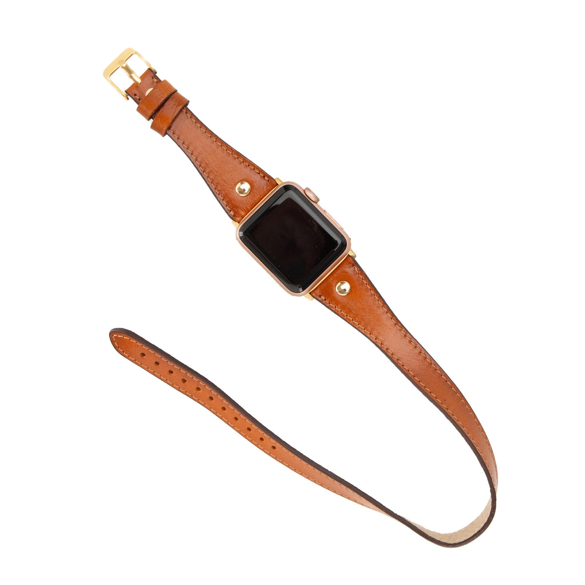 Leeds Double Tour Slim Apple Watch leather strap with gold bead detail, showcasing premium full-grain leather and stainless steel buckle.