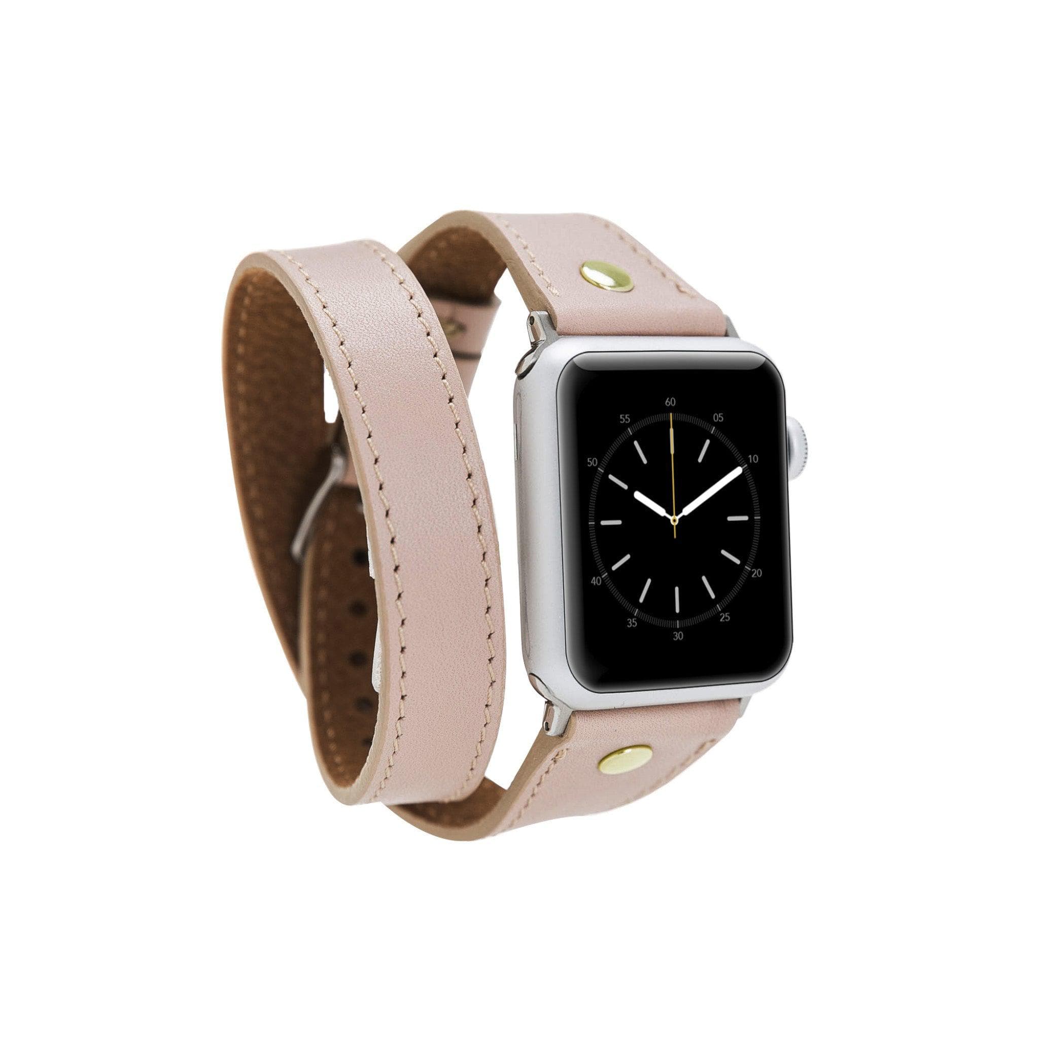 Leeds Double Tour Slim Apple Watch leather strap with gold bead detail, showcasing premium full-grain leather and stainless steel buckle.