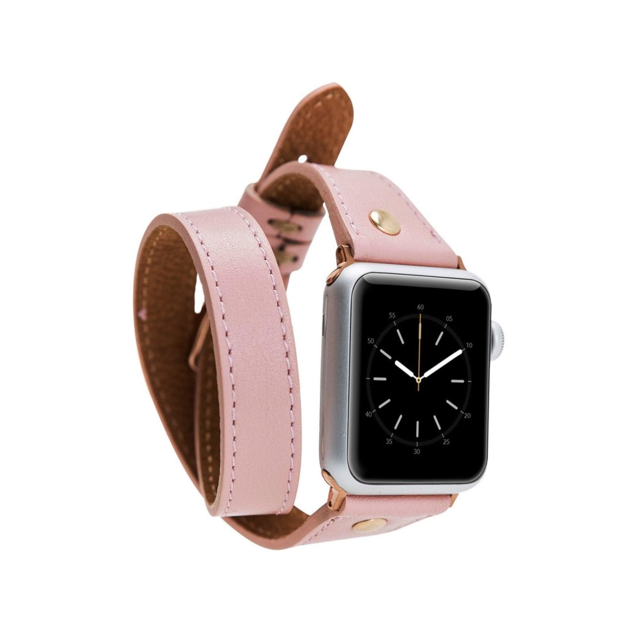 Leeds Double Tour Slim Apple Watch leather strap with gold bead detail, showcasing premium full-grain leather and stainless steel buckle.