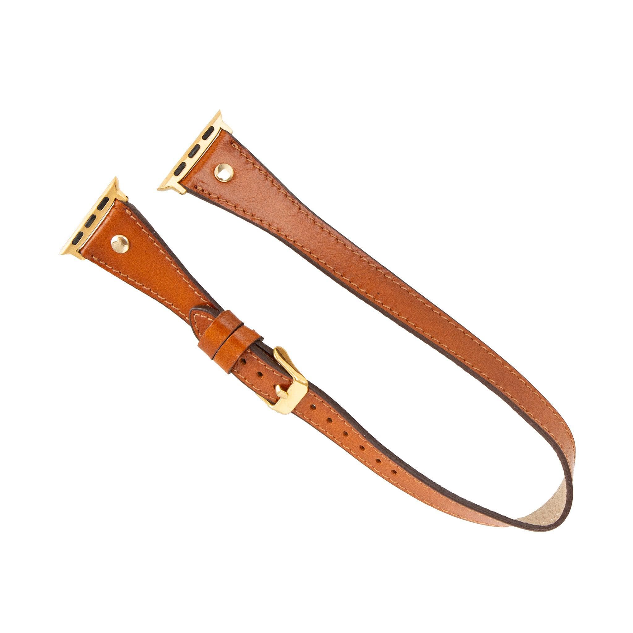 Leeds Double Tour Slim Apple Watch leather strap with gold bead detail, showcasing premium full-grain leather and stainless steel buckle.