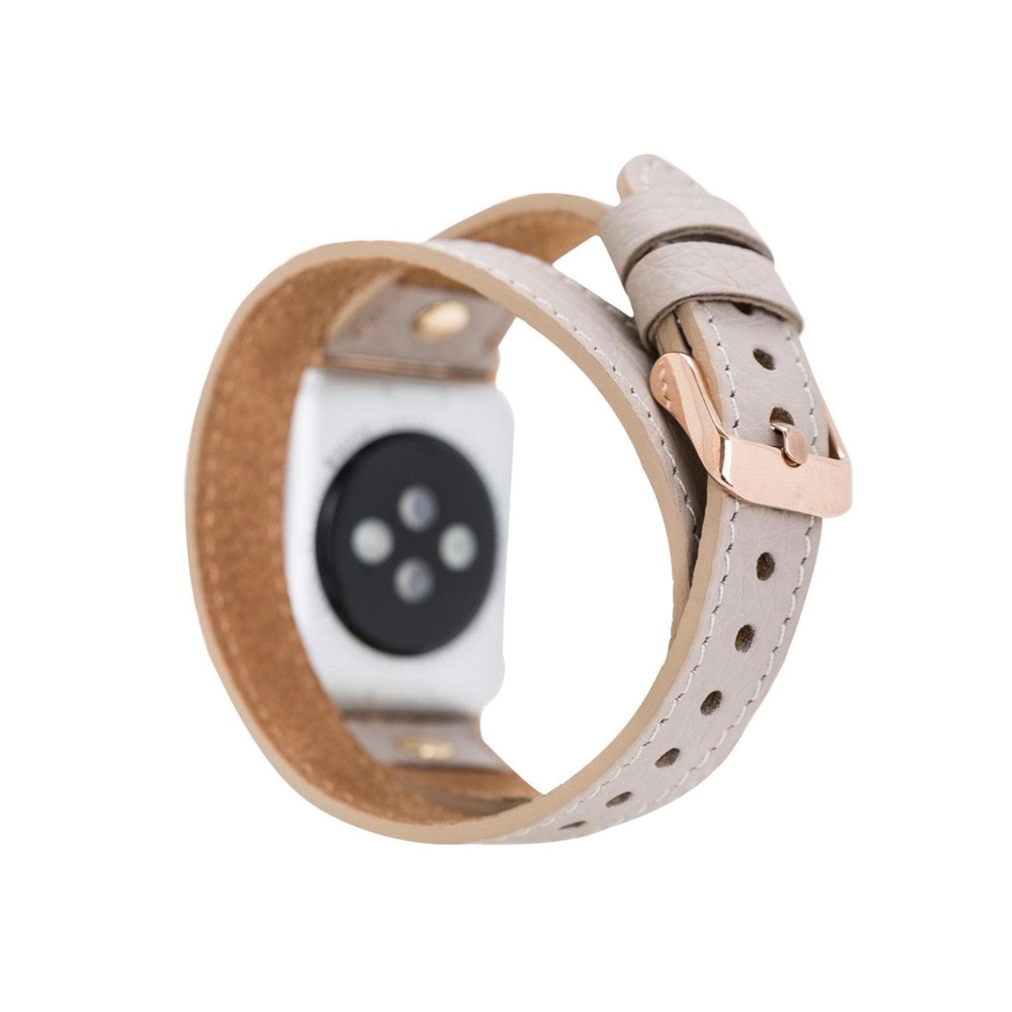 Leeds Double Tour Slim Apple Watch leather strap with gold bead detail, showcasing premium full-grain leather and stainless steel buckle.