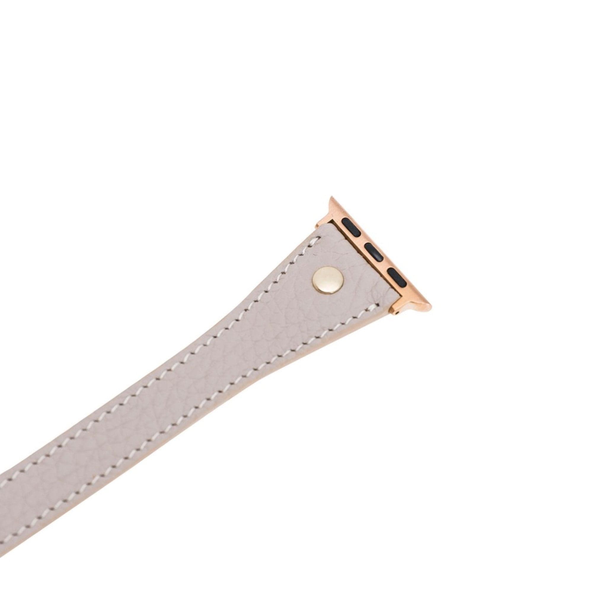 Leeds Double Tour Slim Apple Watch leather strap with gold bead detail, showcasing premium full-grain leather and stainless steel buckle.