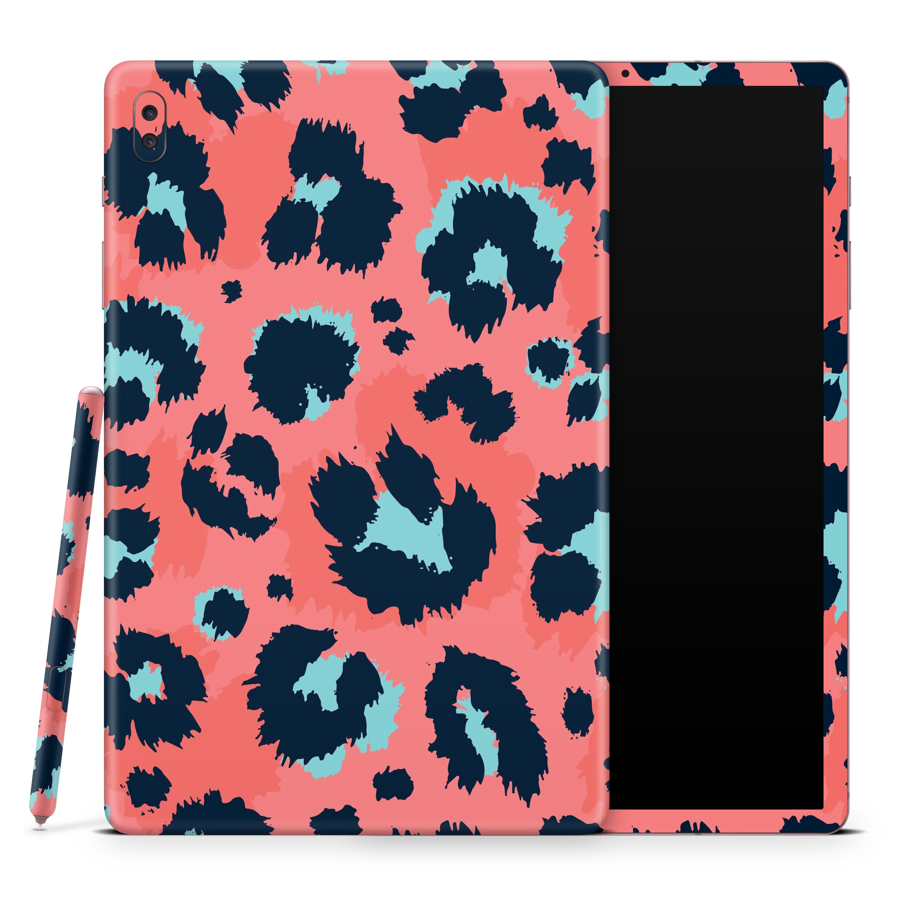 Leopard Coral and Teal V23 skin decal wrap kit for Samsung Galaxy tablet, showcasing vibrant colors and a sleek design.