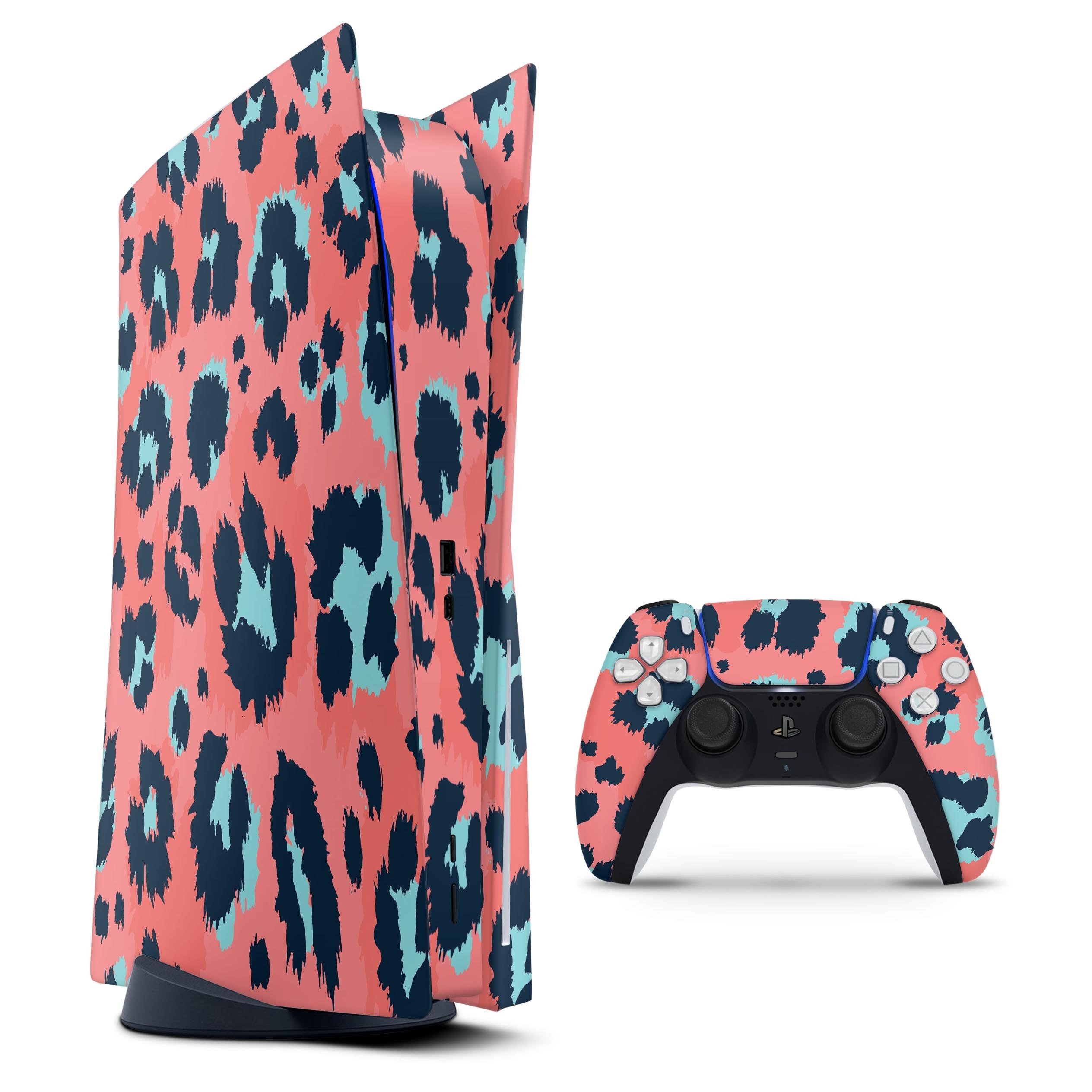 Leopard Coral and Teal V23 skin decal wrap kit for Sony Playstation 5, showcasing vibrant colors and a sleek design.