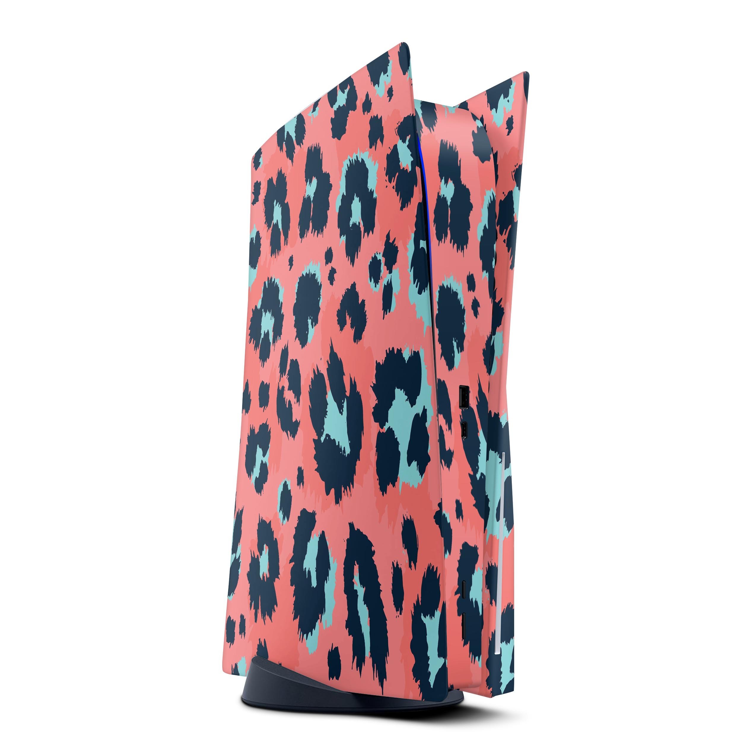 Leopard Coral and Teal V23 skin decal wrap kit for Sony Playstation 5, showcasing vibrant colors and a sleek design.