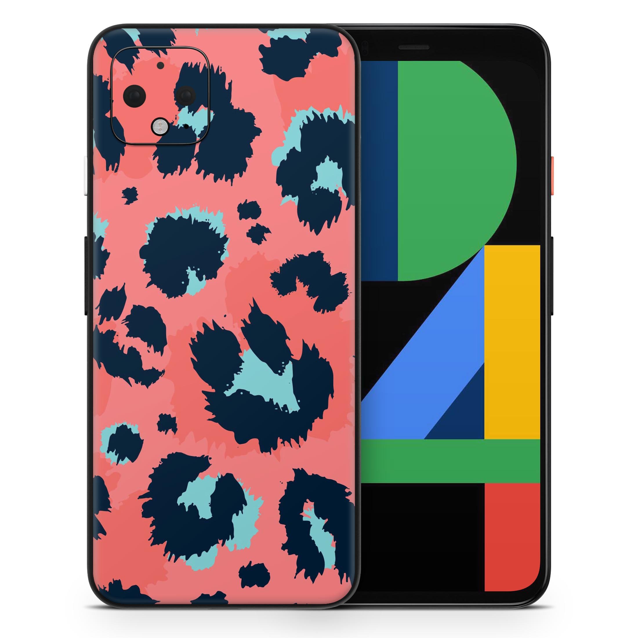 Leopard Coral and Teal V23 skin decal wrap kit for Google Pixel, showcasing vibrant colors and a sleek design.