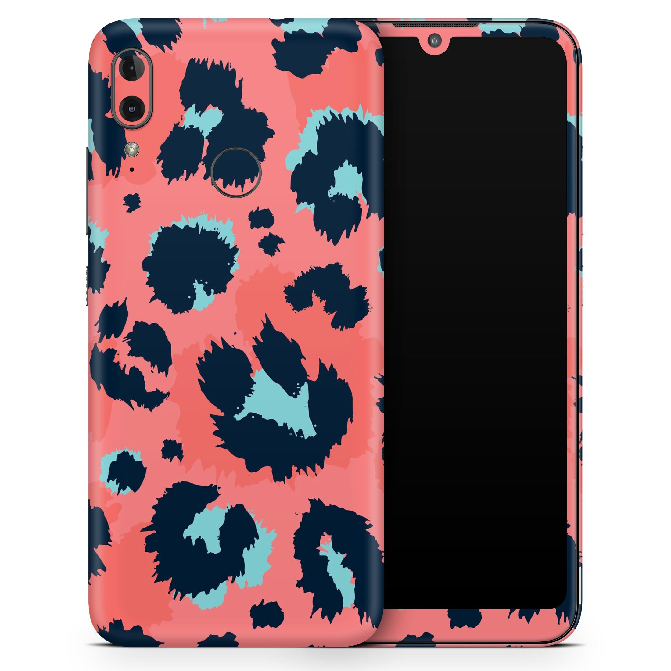 Leopard Coral and Teal V23 skin decal wrap kit for Motorola phones, showcasing vibrant colors and a sleek design.