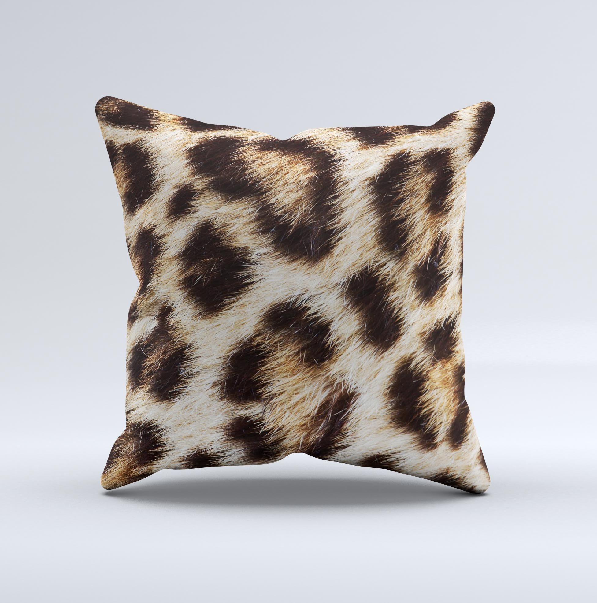 Leopard Furry Animal Hide decorative throw pillow with unique hand-produced design, showcasing luxurious fabric and vibrant colors.