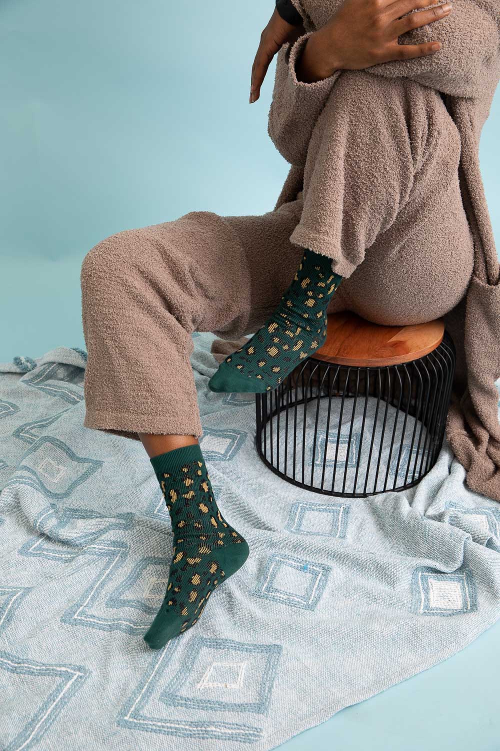 Cozy Leopard Knit Socks featuring a stylish leopard print design, perfect for lounging or casual wear.