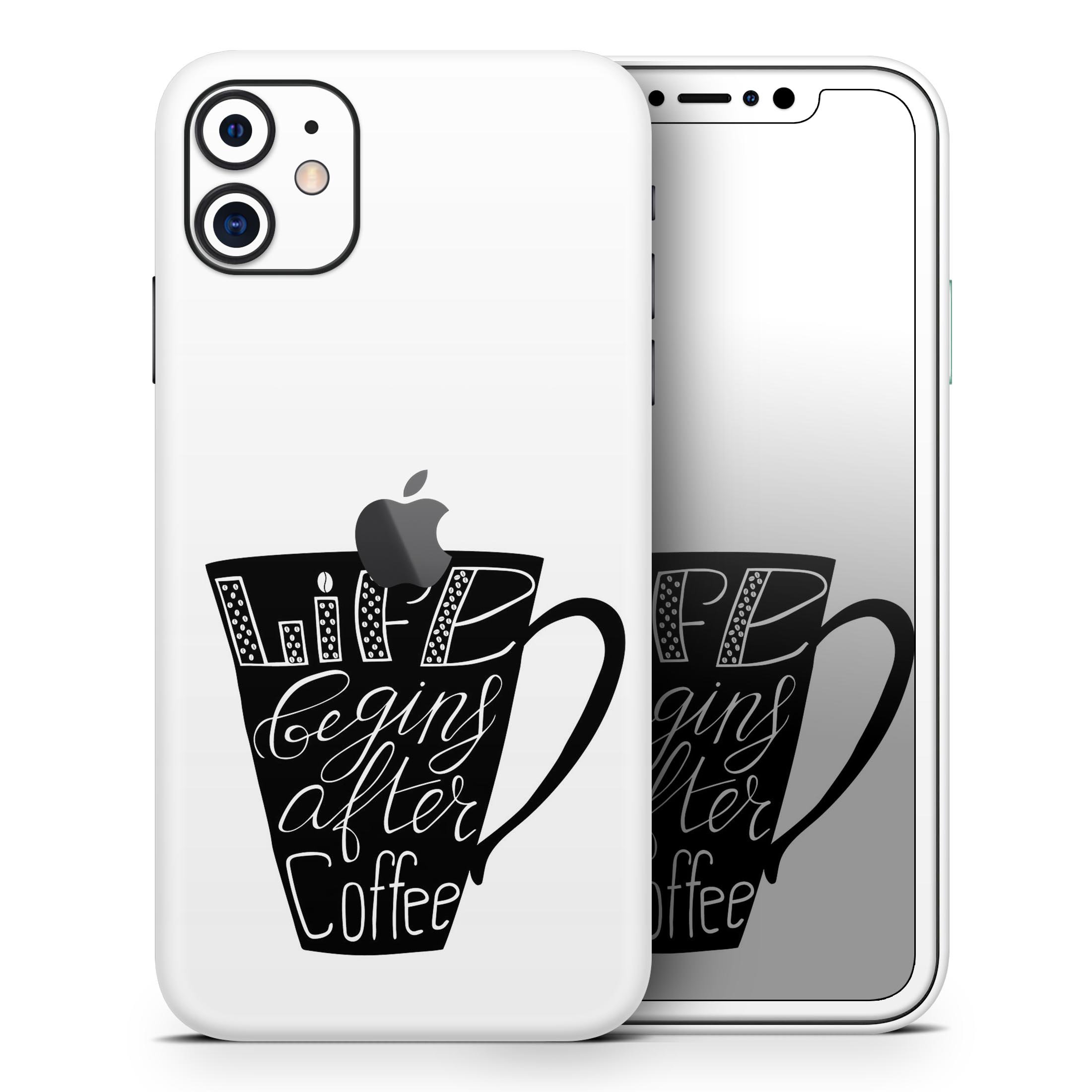 Life Begins After Coffee Skin-Kit for Apple iPhone, showcasing a stylish design with a premium vinyl finish.