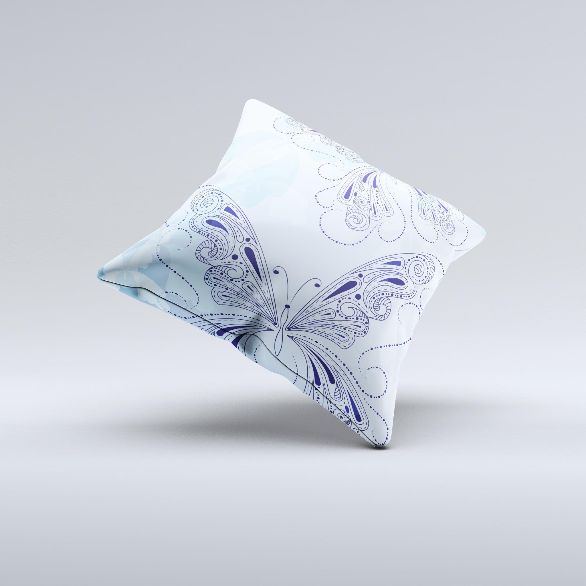 Light Blue Butterfly Outline ink-Fuzed Decorative Throw Pillow showcasing a delicate butterfly design on a soft fabric.