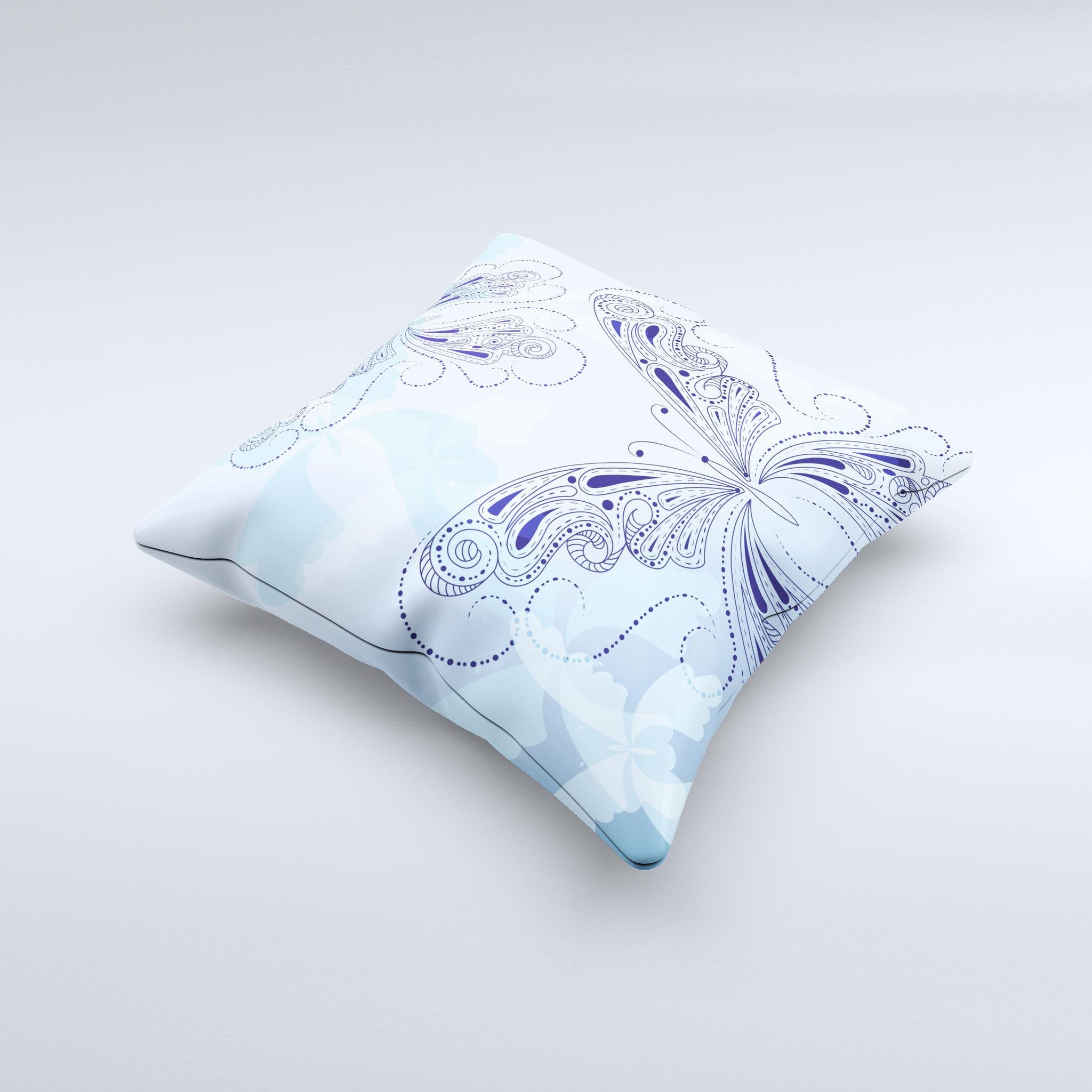 Light Blue Butterfly Outline ink-Fuzed Decorative Throw Pillow showcasing a delicate butterfly design on a soft fabric.