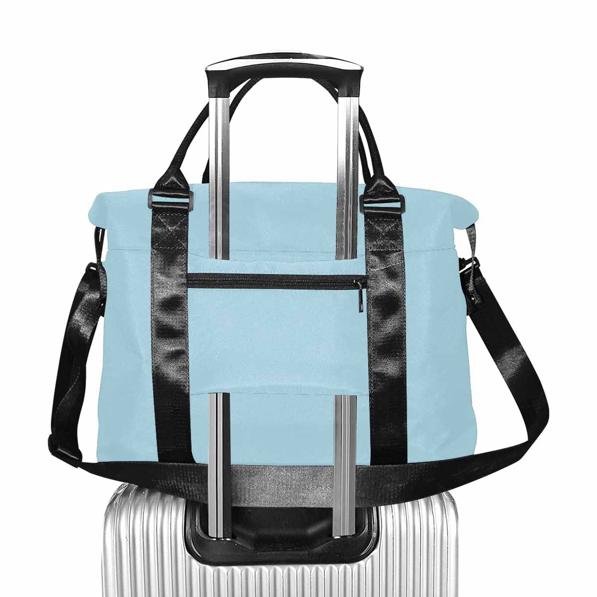 Light Blue Duffel Bag made from durable oxford fabric, featuring adjustable strap and multiple pockets for travel convenience.