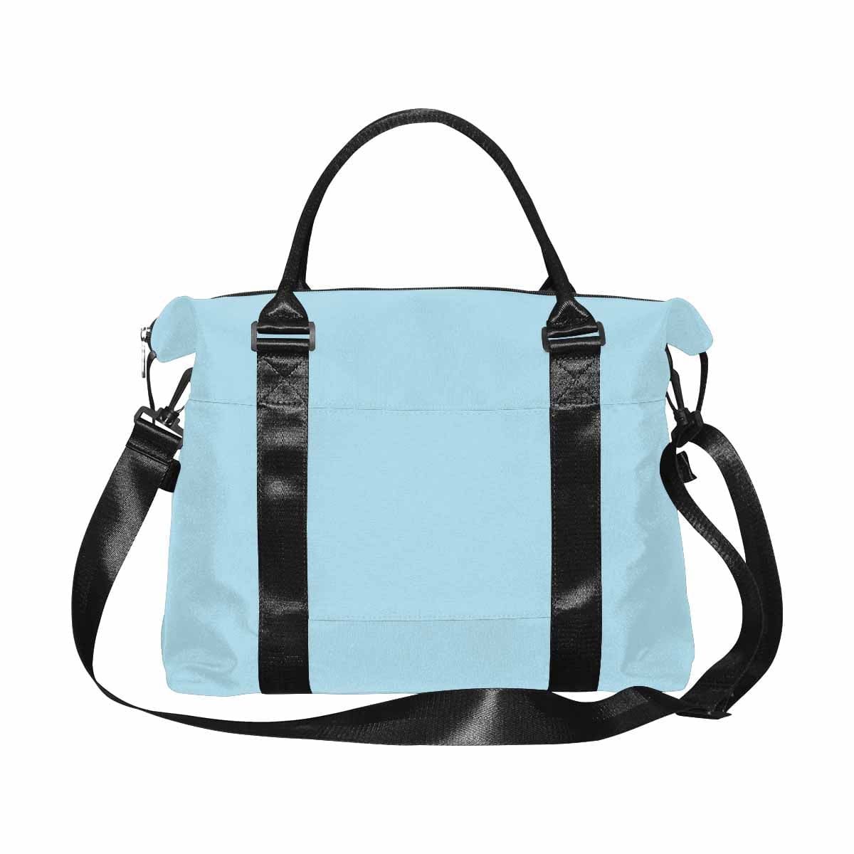 Light Blue Duffel Bag made from durable oxford fabric, featuring adjustable strap and multiple pockets for travel convenience.