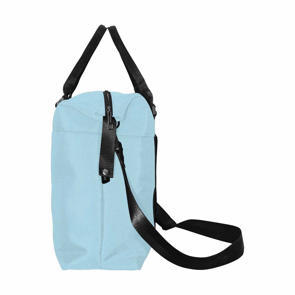 Light Blue Duffel Bag made from durable oxford fabric, featuring adjustable strap and multiple pockets for travel convenience.