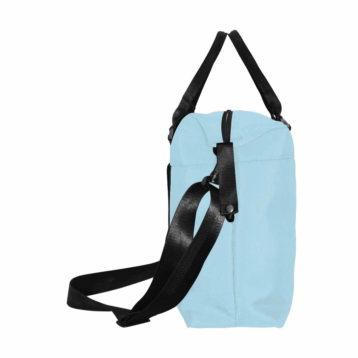 Light Blue Duffel Bag made from durable oxford fabric, featuring adjustable strap and multiple pockets for travel convenience.