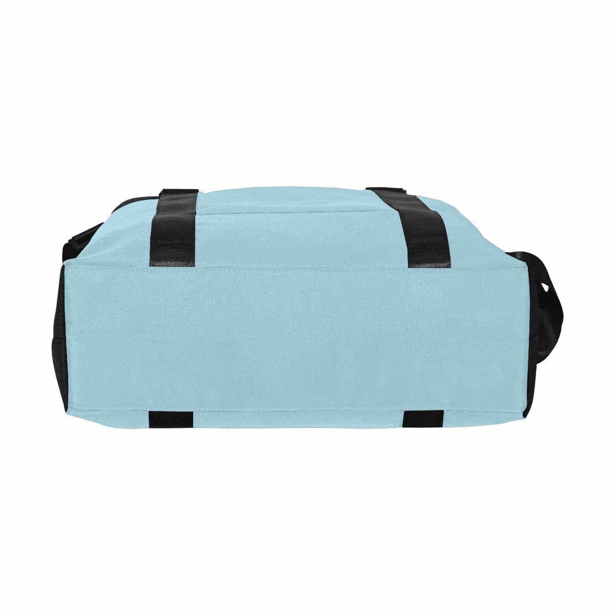 Light Blue Duffel Bag made from durable oxford fabric, featuring adjustable strap and multiple pockets for travel convenience.