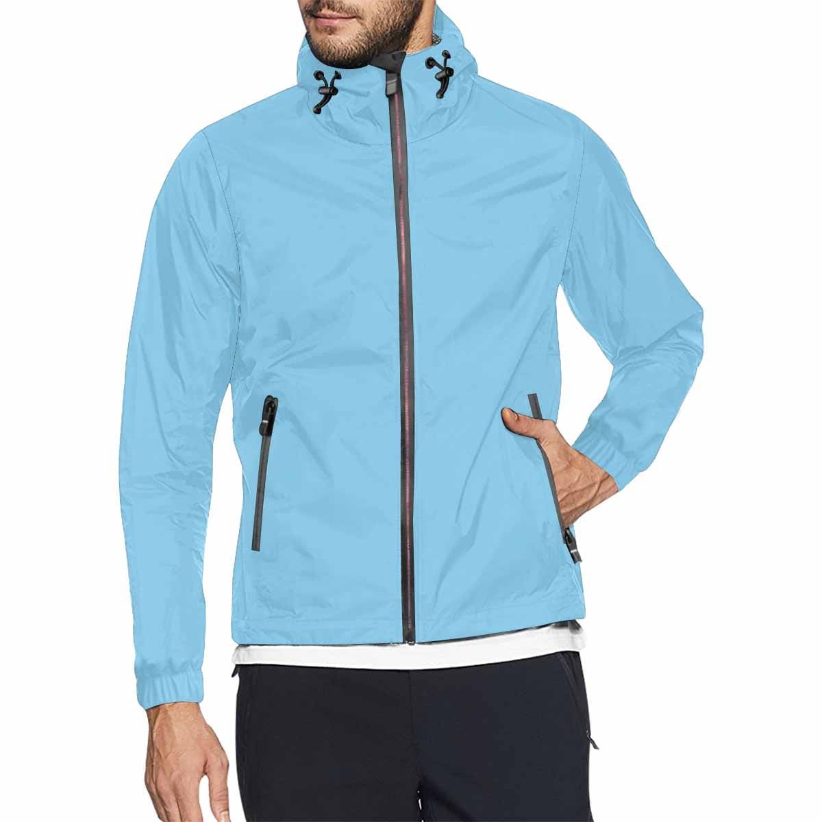 Light blue hooded windbreaker jacket for men and women, featuring a stylish design with zippered pockets and adjustable hood.