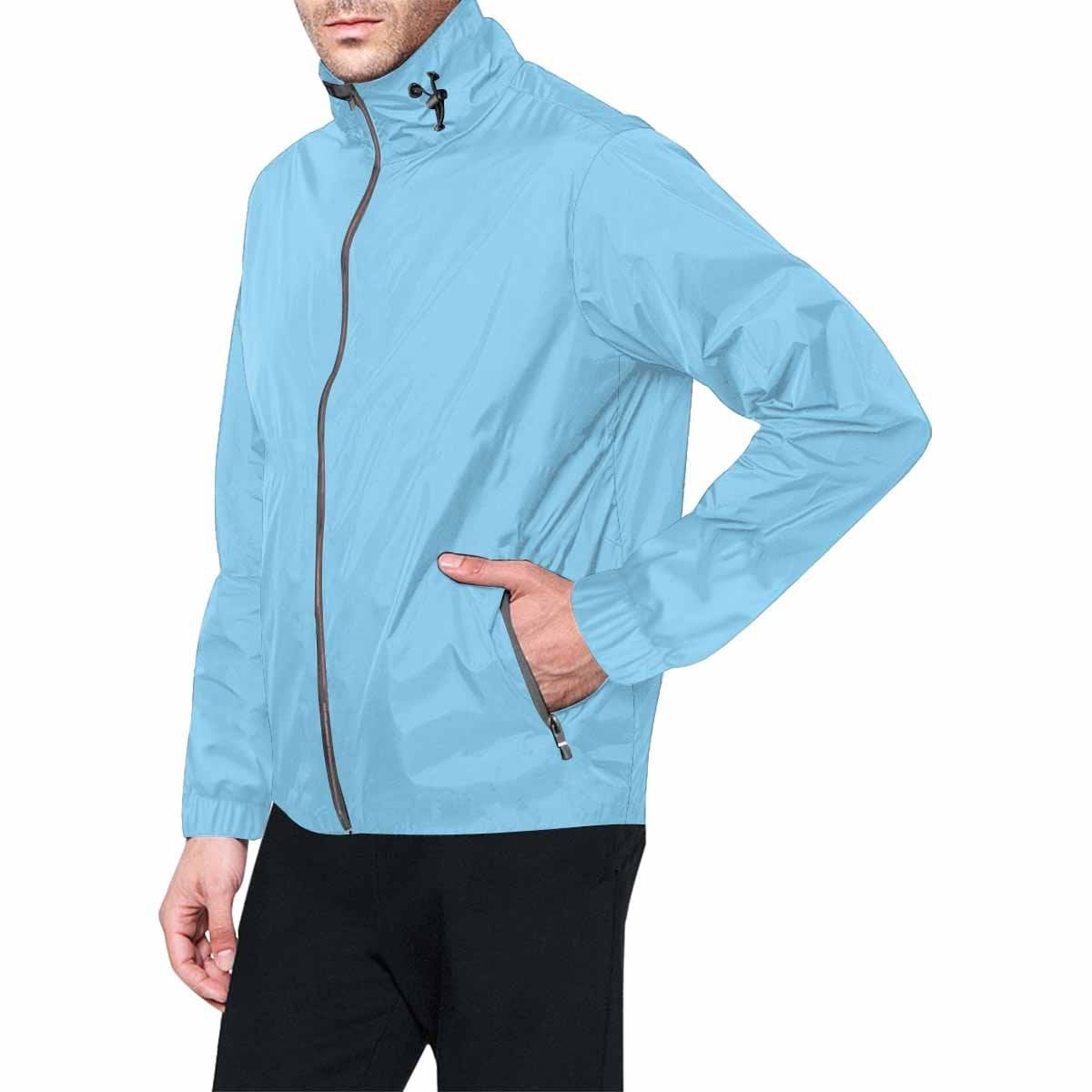 Light blue hooded windbreaker jacket for men and women, featuring a stylish design with zippered pockets and adjustable hood.