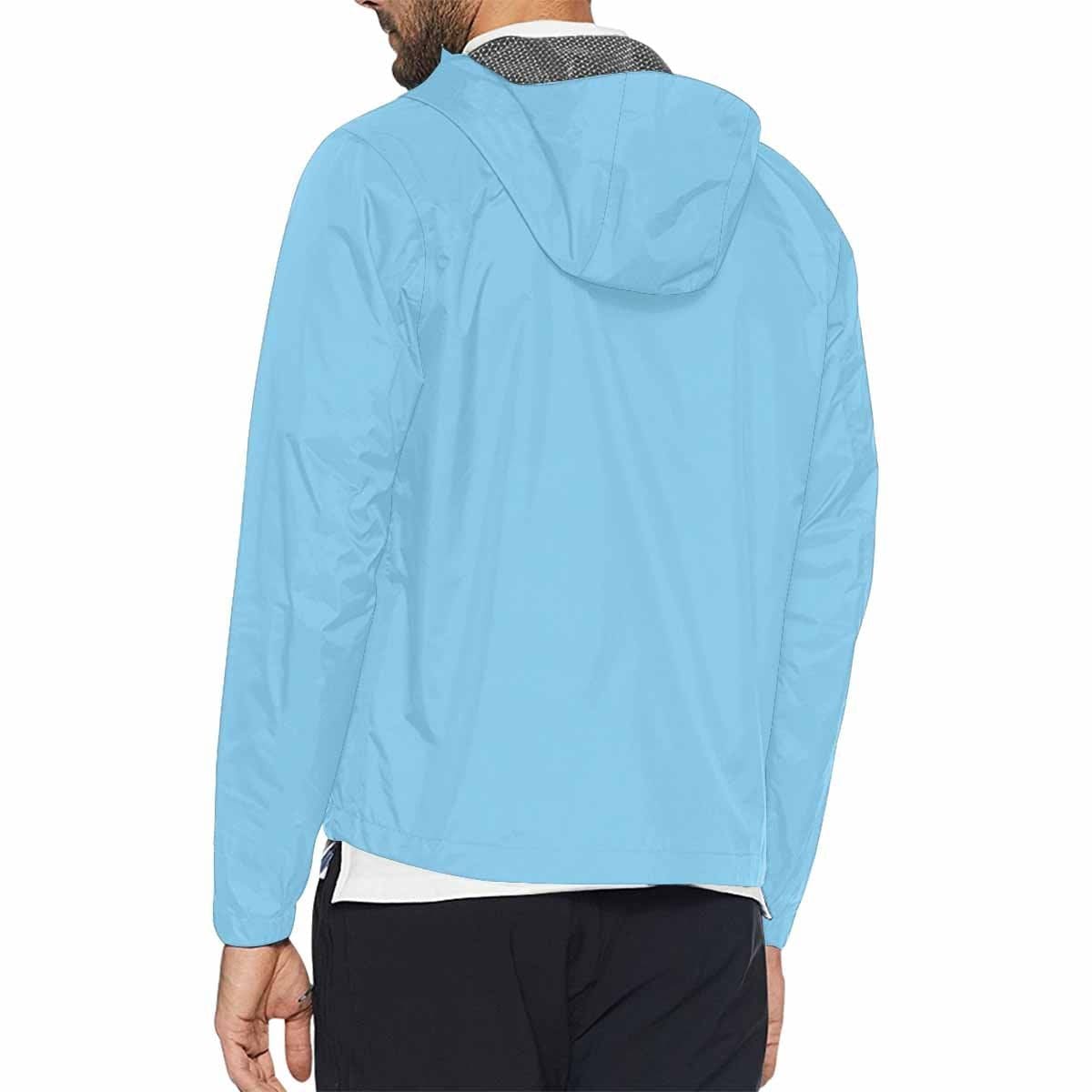 Light blue hooded windbreaker jacket for men and women, featuring a stylish design with zippered pockets and adjustable hood.