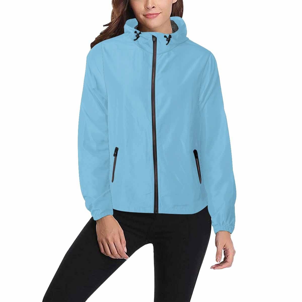 Light blue hooded windbreaker jacket for men and women, featuring a stylish design with zippered pockets and adjustable hood.