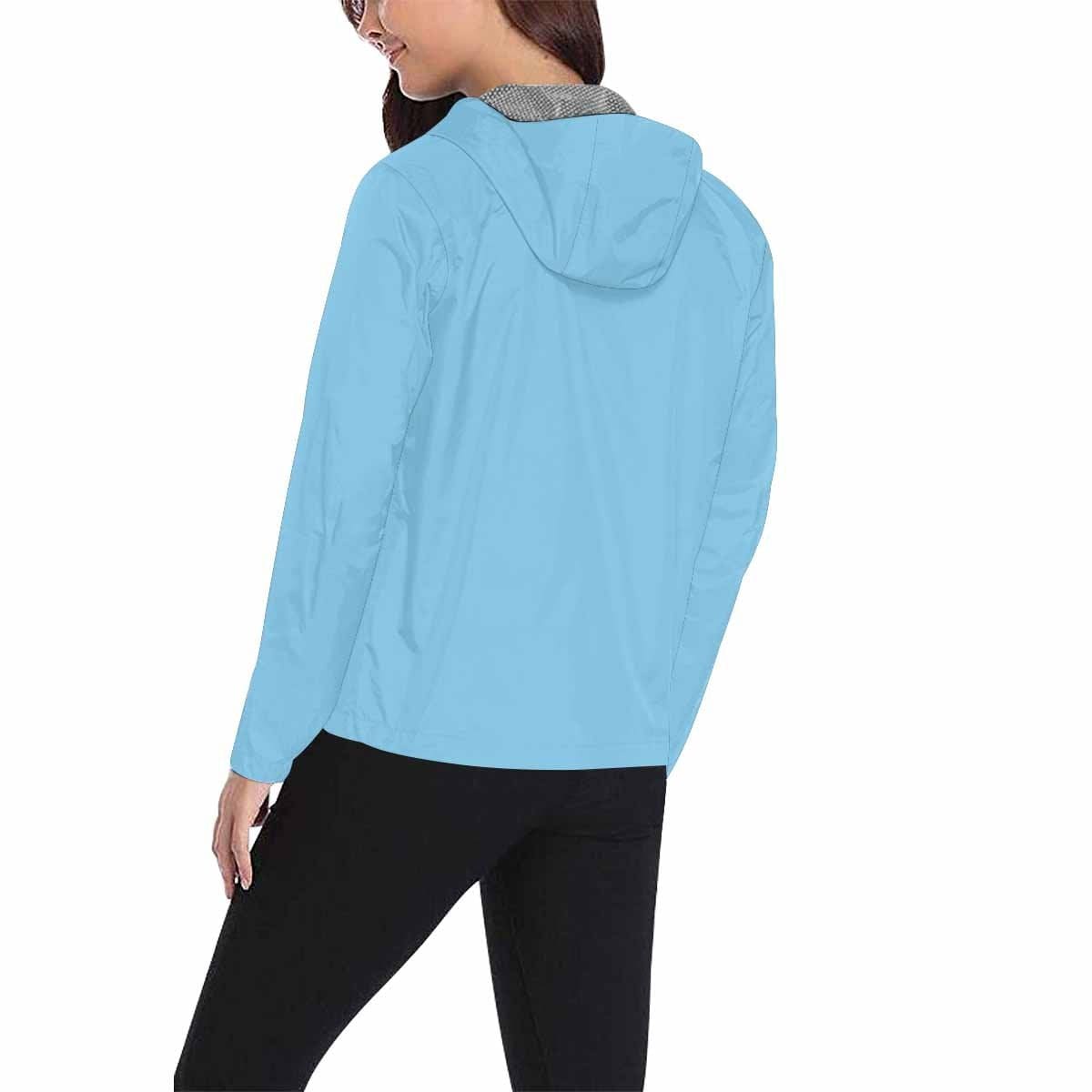 Light blue hooded windbreaker jacket for men and women, featuring a stylish design with zippered pockets and adjustable hood.