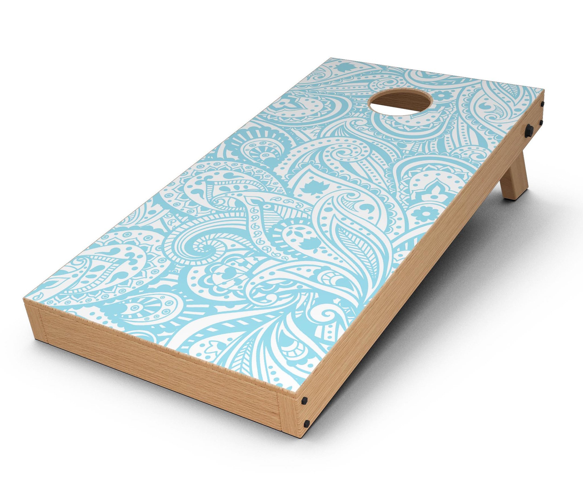 Light Blue Paisley Floral CornHole Board Skin Decal Kit showcasing vibrant paisley design on premium vinyl.