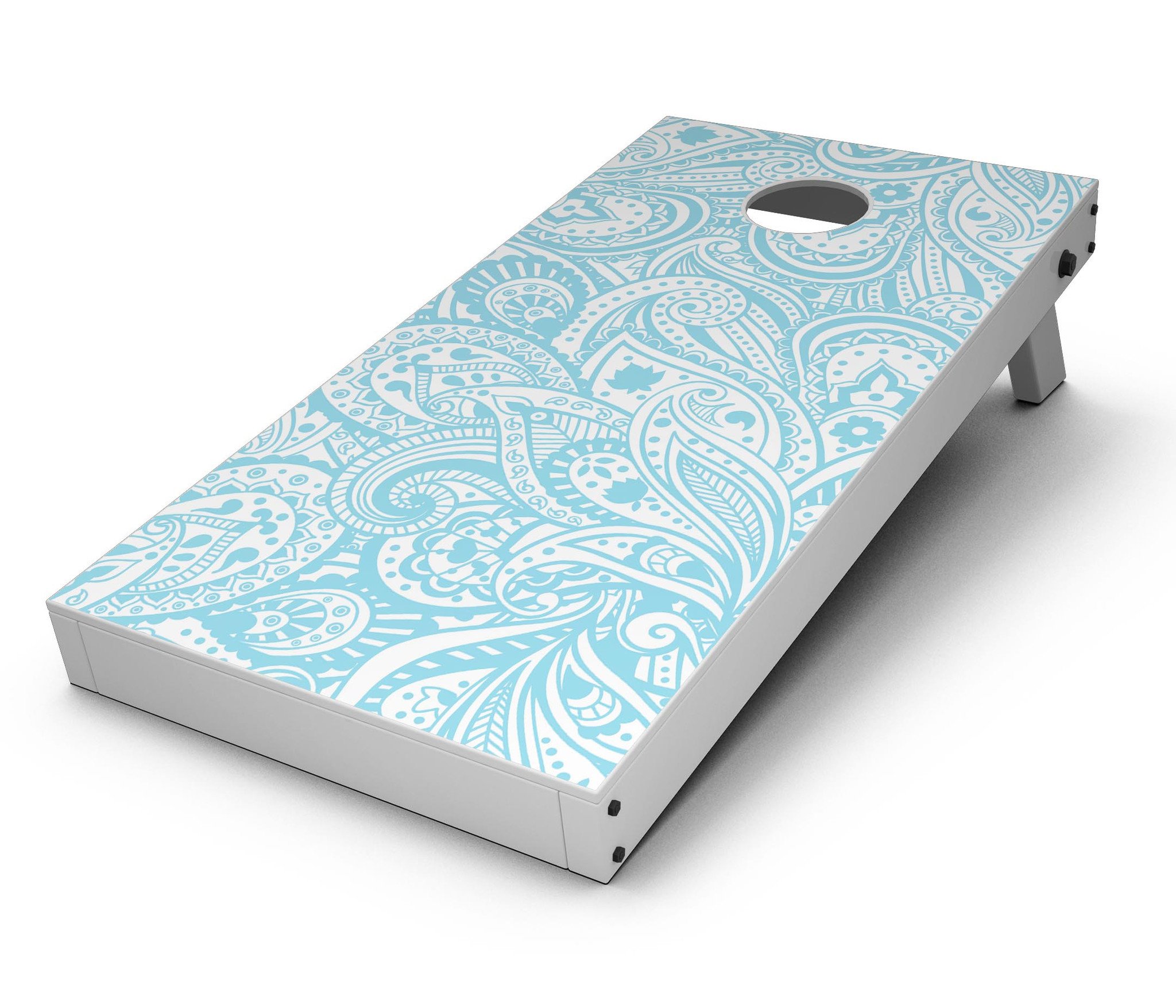 Light Blue Paisley Floral CornHole Board Skin Decal Kit showcasing vibrant paisley design on premium vinyl.