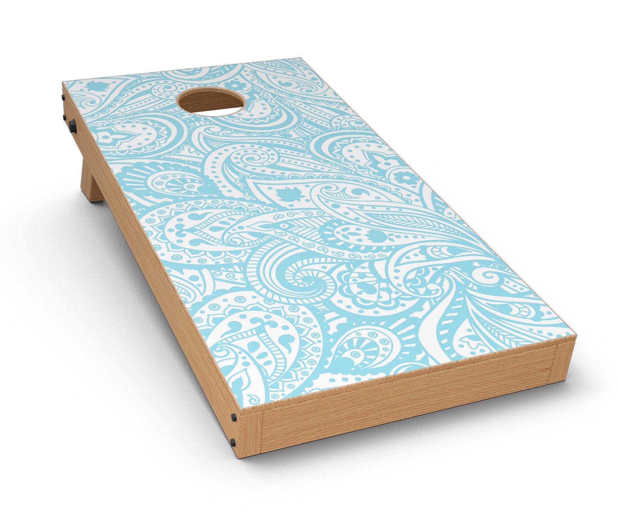 Light Blue Paisley Floral CornHole Board Skin Decal Kit showcasing vibrant paisley design on premium vinyl.