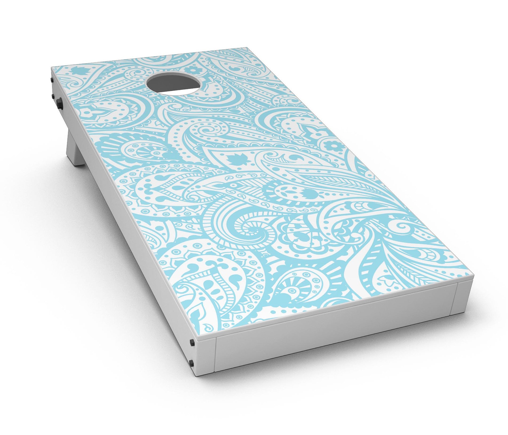 Light Blue Paisley Floral CornHole Board Skin Decal Kit showcasing vibrant paisley design on premium vinyl.