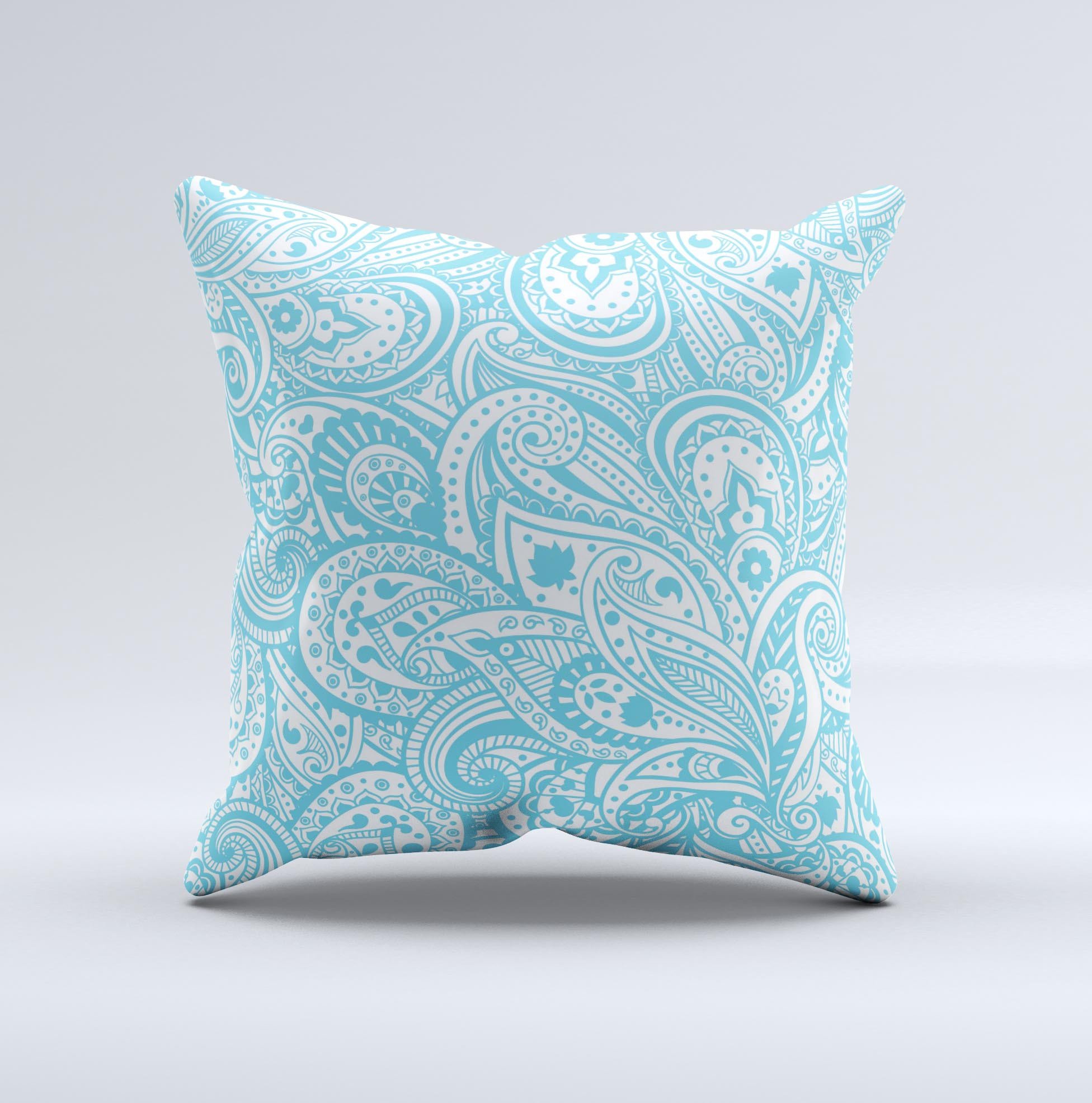 Light Blue Paisley Floral Pattern V3 ink-Fuzed Decorative Throw Pillow showcasing intricate floral designs on a soft fabric.