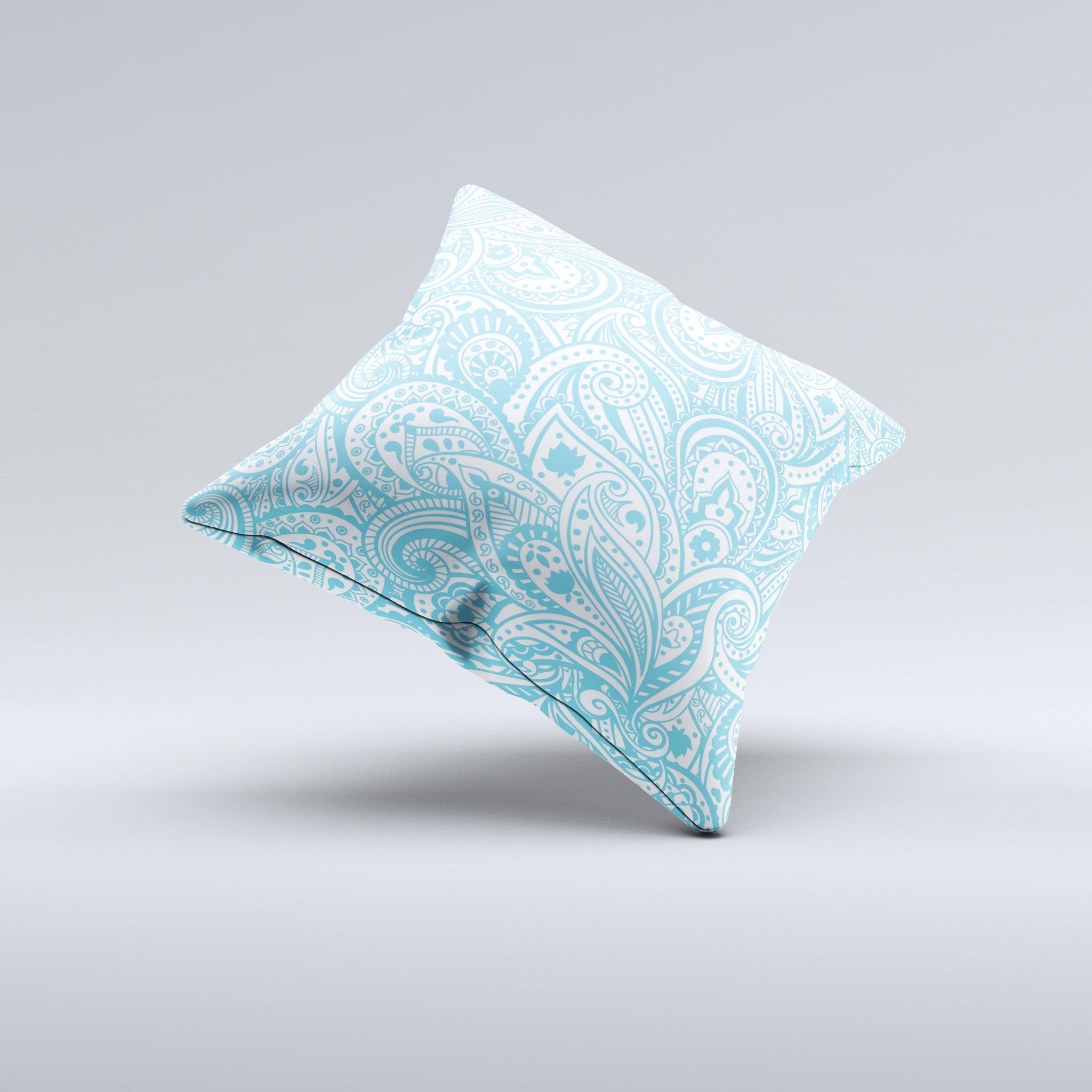 Light Blue Paisley Floral Pattern V3 ink-Fuzed Decorative Throw Pillow showcasing intricate floral designs on a soft fabric.