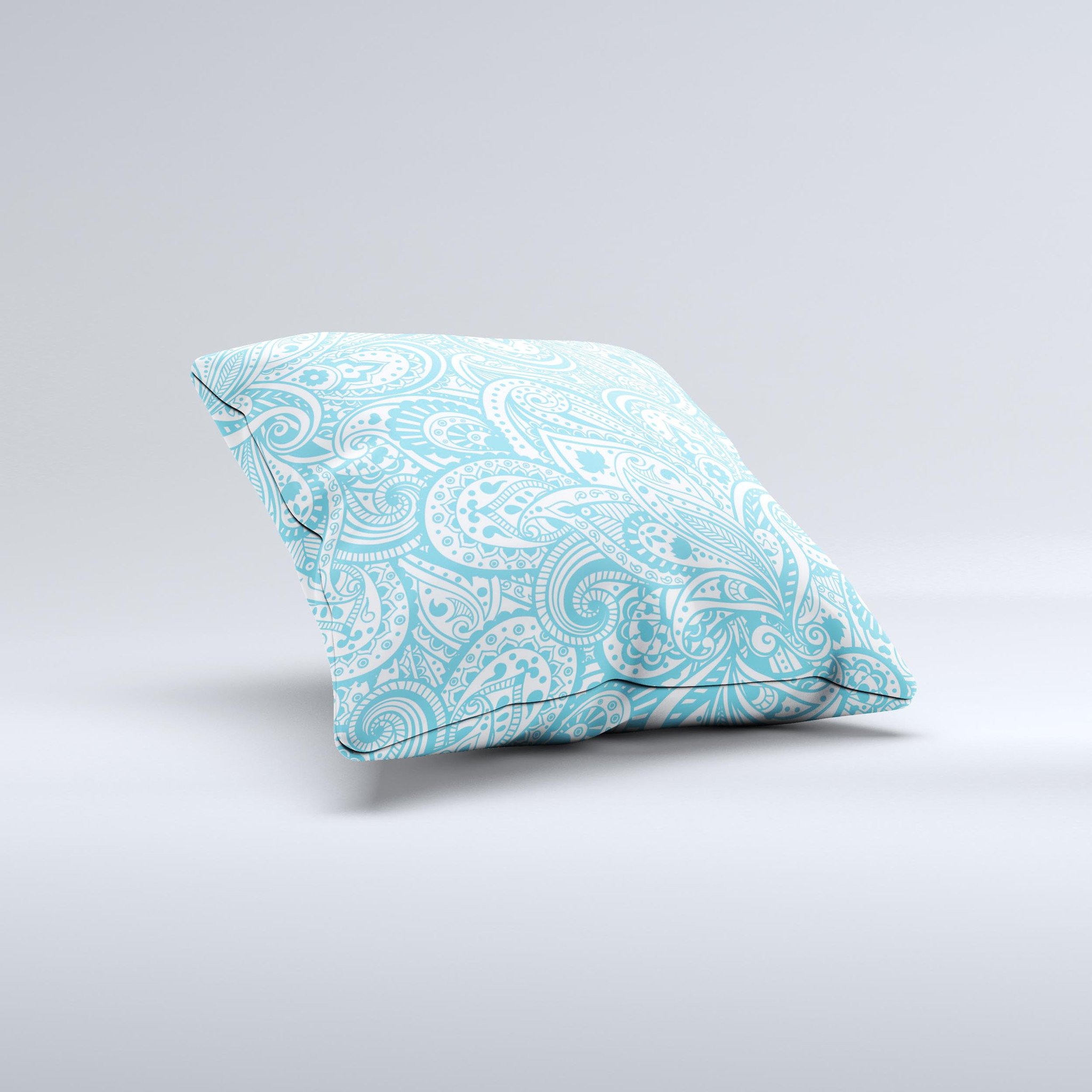 Light Blue Paisley Floral Pattern V3 ink-Fuzed Decorative Throw Pillow showcasing intricate floral designs on a soft fabric.