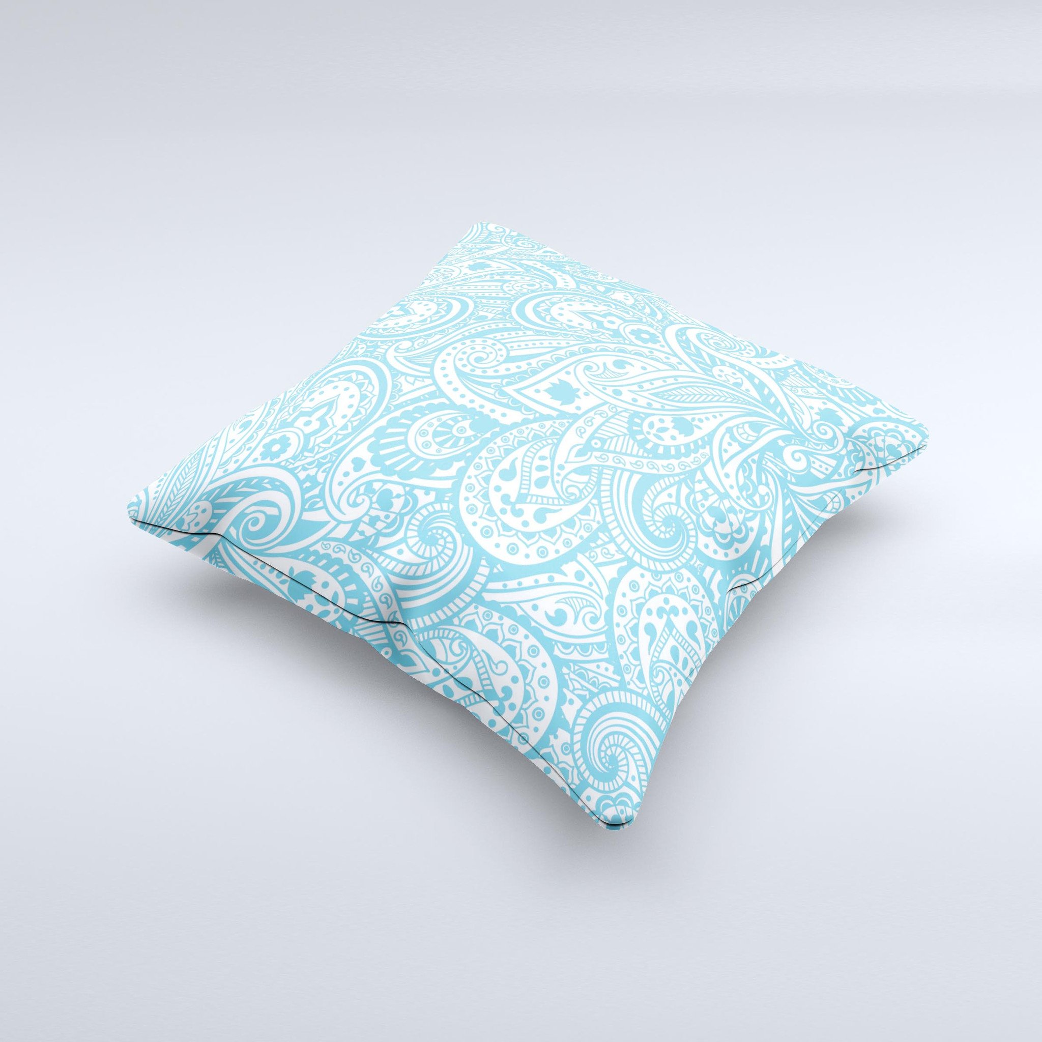 Light Blue Paisley Floral Pattern V3 ink-Fuzed Decorative Throw Pillow showcasing intricate floral designs on a soft fabric.