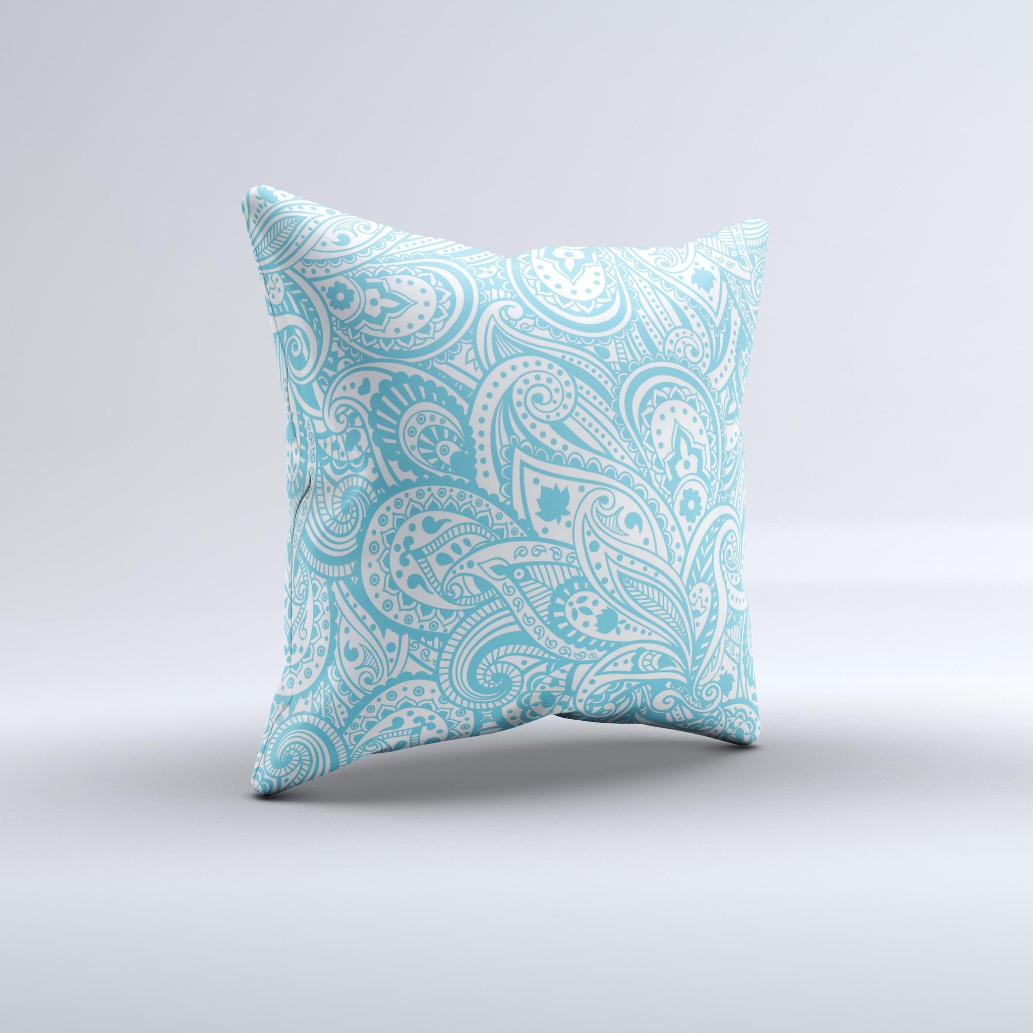 Light Blue Paisley Floral Pattern V3 ink-Fuzed Decorative Throw Pillow showcasing intricate floral designs on a soft fabric.