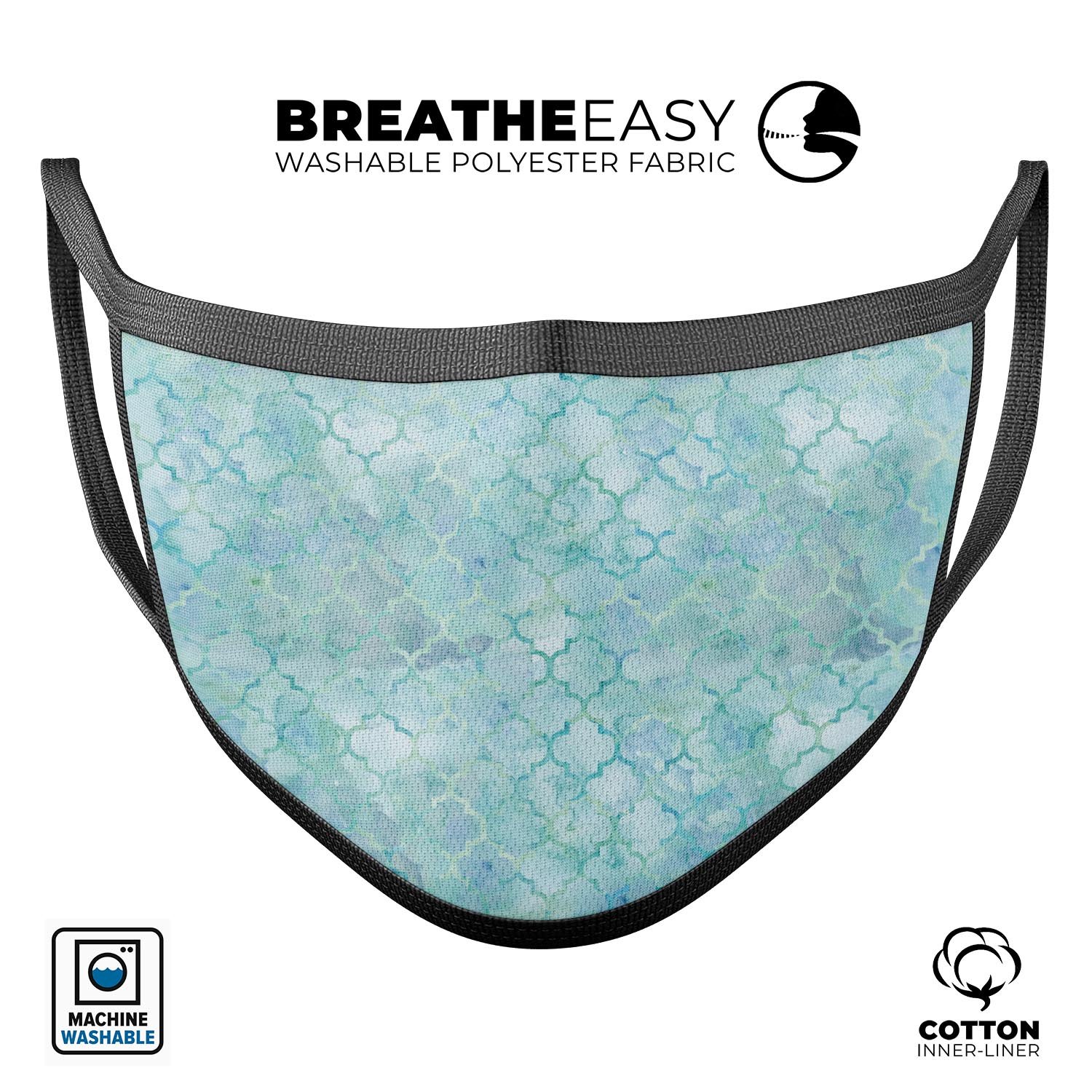 Light Blue Watercolor Quatrefoil unisex mouth cover, showcasing a stylish design and adjustable ear loops.